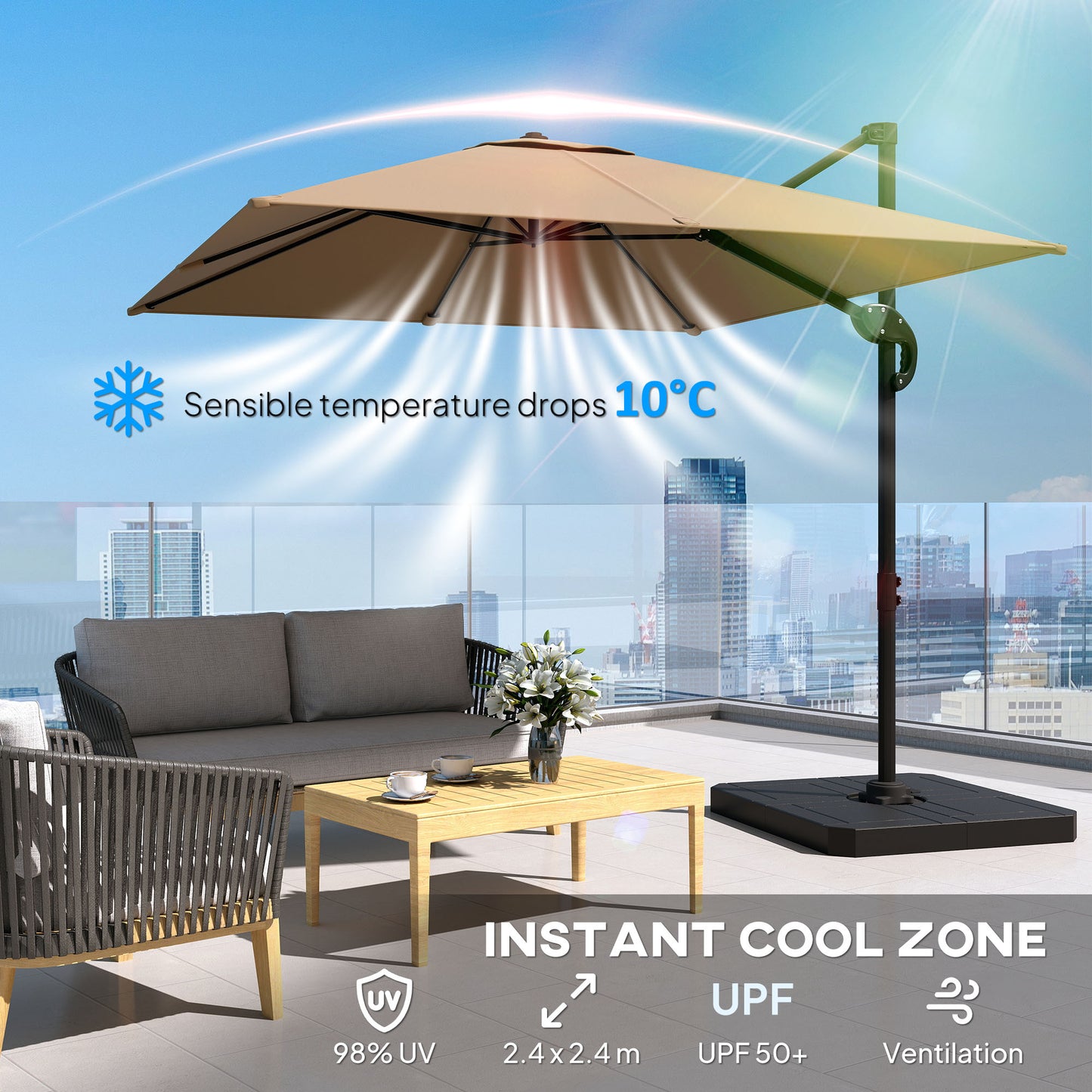 Outsunny 2.4m Square Cantilever Parasol With Weights UPF50 Offset Tilt Adjustment Khaki