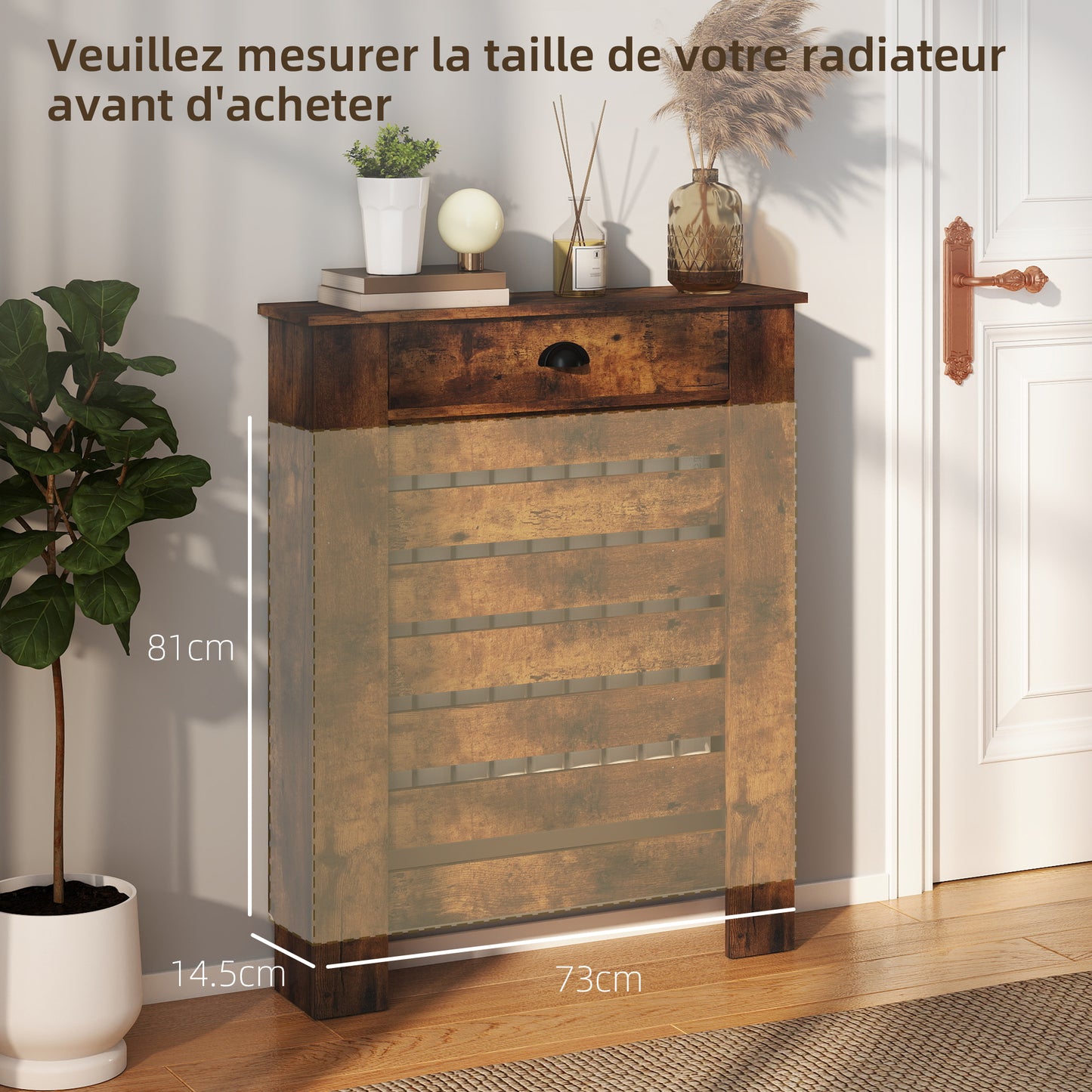 HOMCOM Slim Radiator Cover with Drawer Rustic Brown Slatted MDF and Particle Board