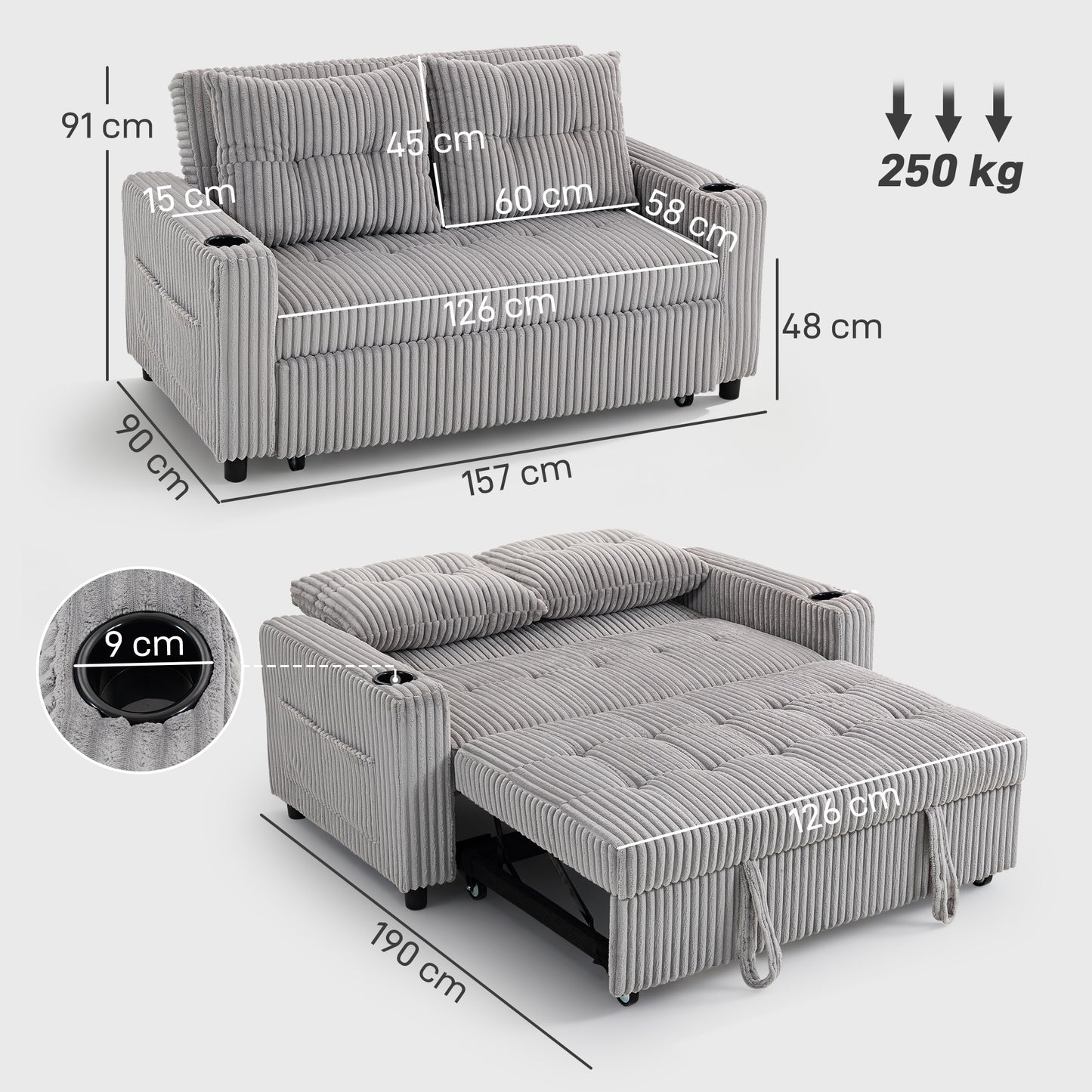 HOMCOM 2 Seater Click Clack Sofa Bed With Pull Out Design Corduroy Upholstery Light Grey