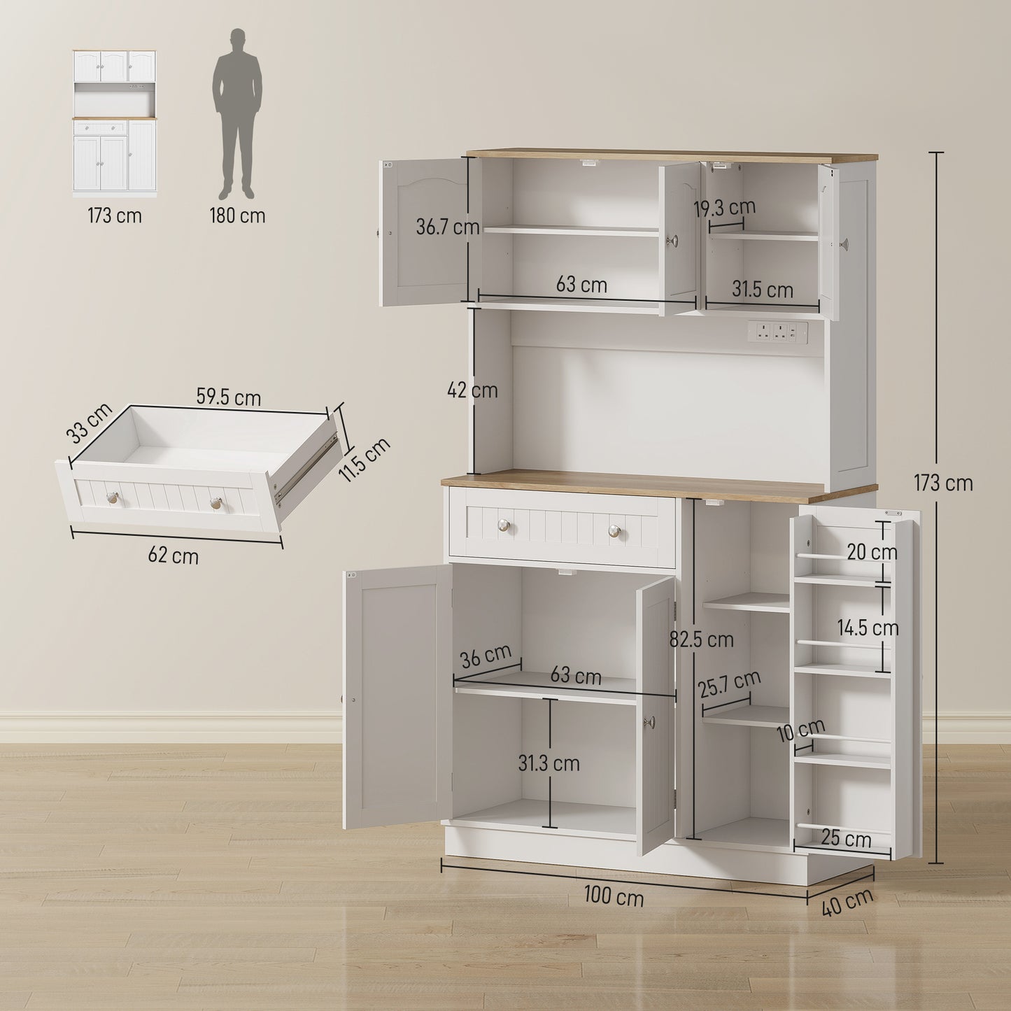 Tall Kitchen Pantry Cabinet With Charging Station And Adjustable Shelves