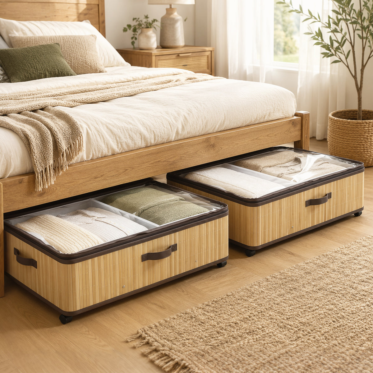 HOMCOM 60L Under Bed Storage Boxes With Wheels And Clear Lid Natural Pack Of 2