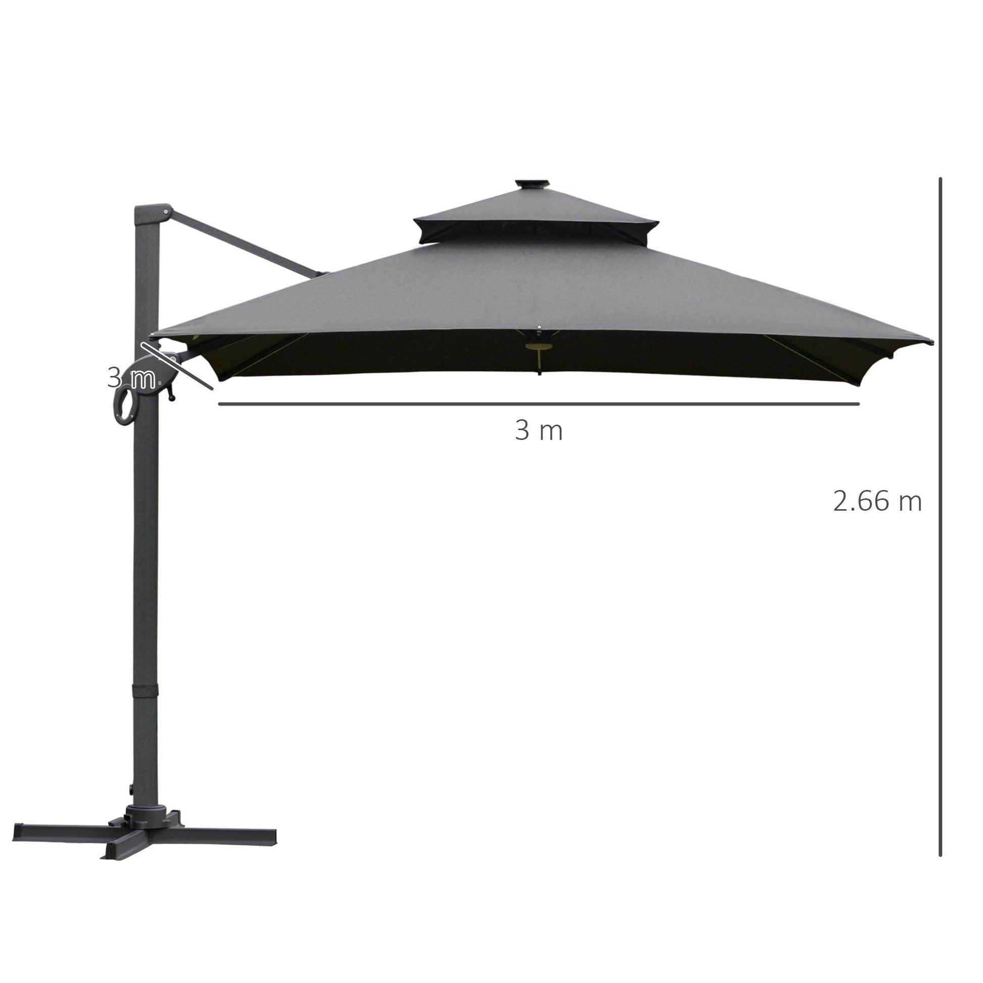 Outsunny 3x3m Cantilever Roma Parasol with LED Solar Light - Dark Gray - ALL4U RETAILER LTD