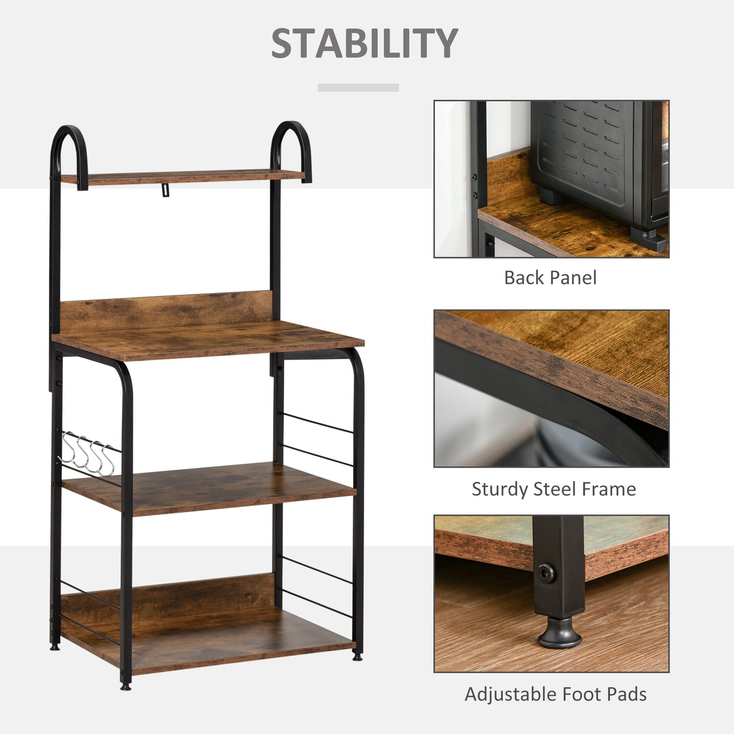 HOMCOM 4 Tier Baker Rack Microwave Stand With 4 Hooks Kitchen Storage Unit For Spices Pots And Pans Rustic Brown