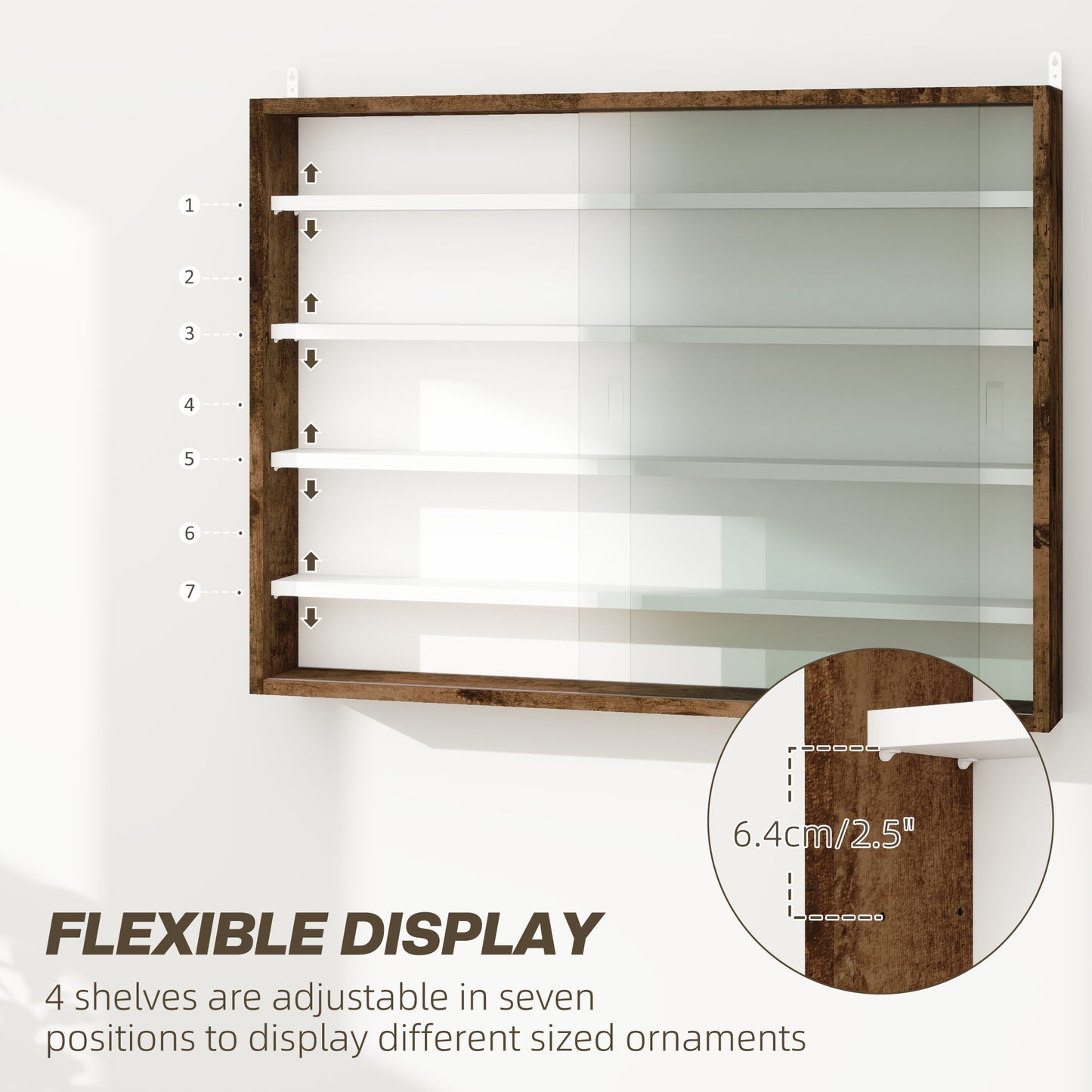 HOMCOM 5 Tier Wall Display Cabinet With Glass Doors 60x80cm Rustic Brown And Four Adjustable Shelves