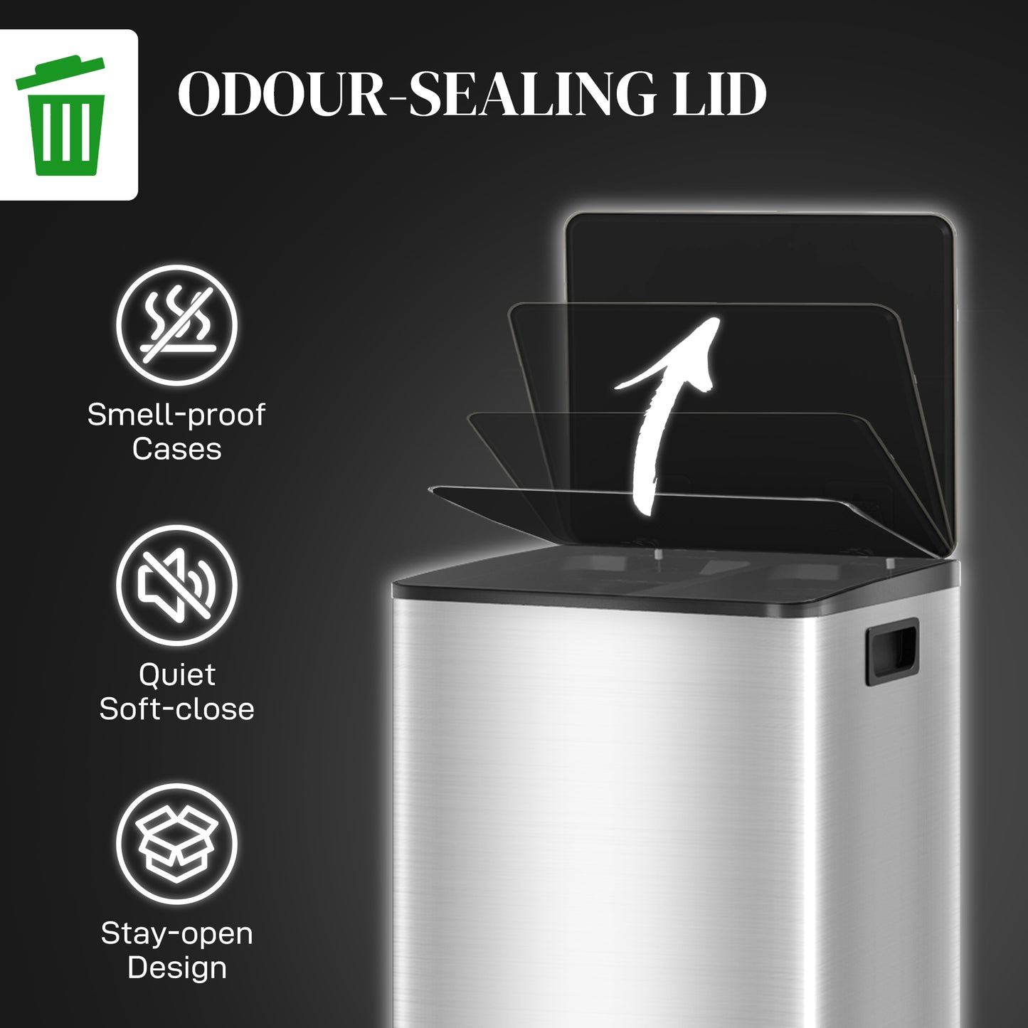 HOMCOM 40L Dual Compartment Stainless Steel Bin With Deodoriser Holders Silver Tone