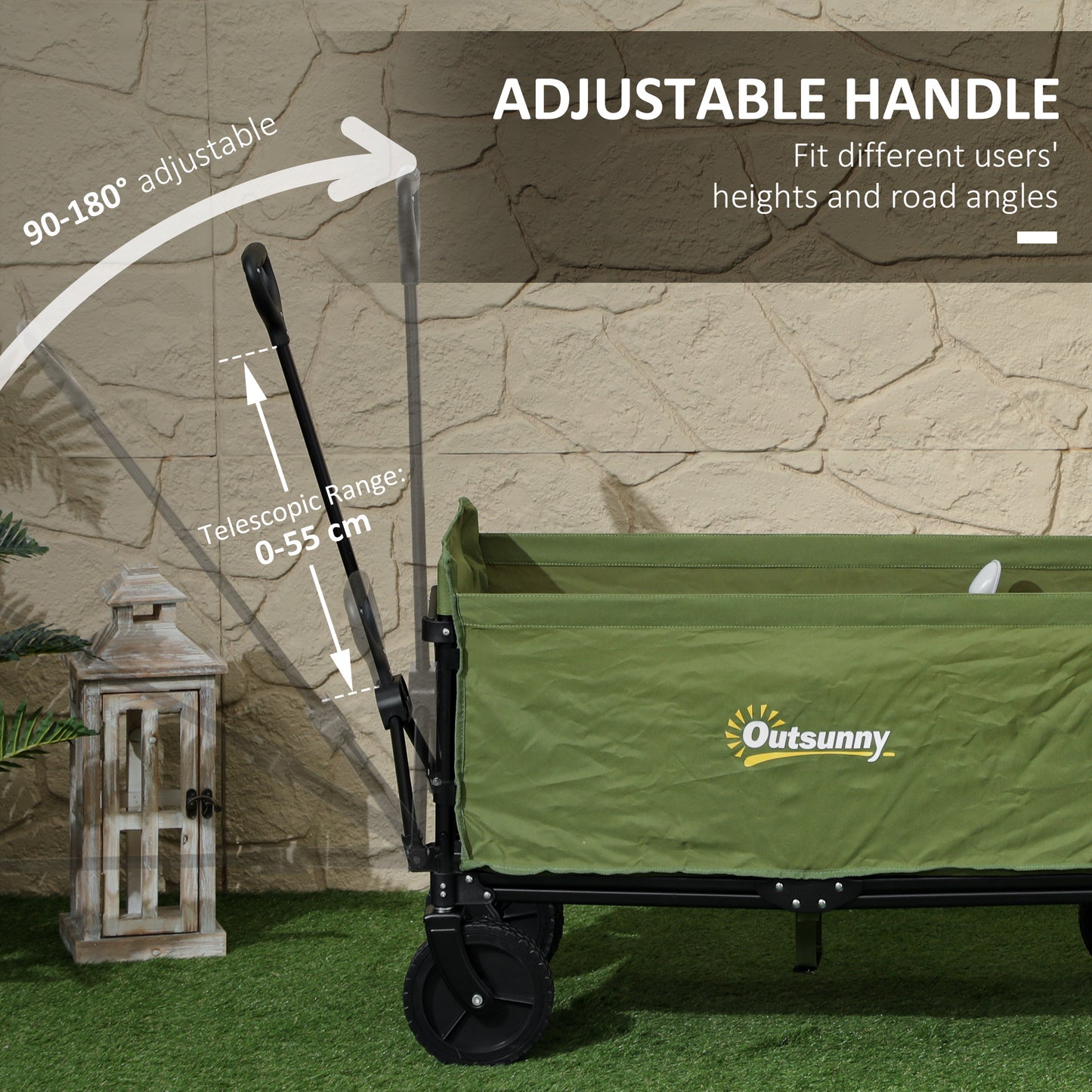 Outsunny 120L Festival Folding Trolley On Wheels With Adjustable Handle For Garden Beach Camping And Fishing Green