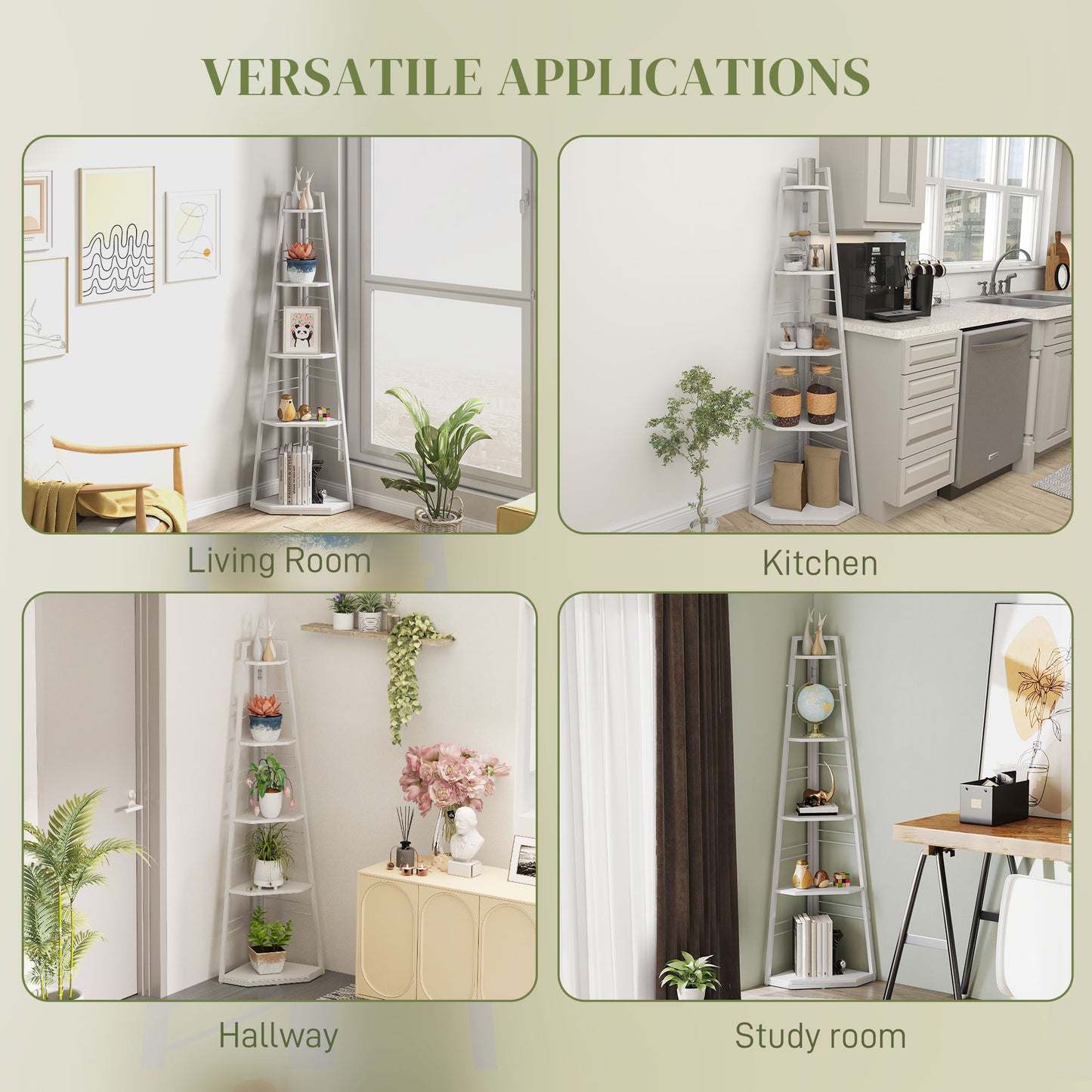 HOMCOM Five Tier Corner Shelf White with Steel Frame and Adjustable Feet for Space Saving Storage