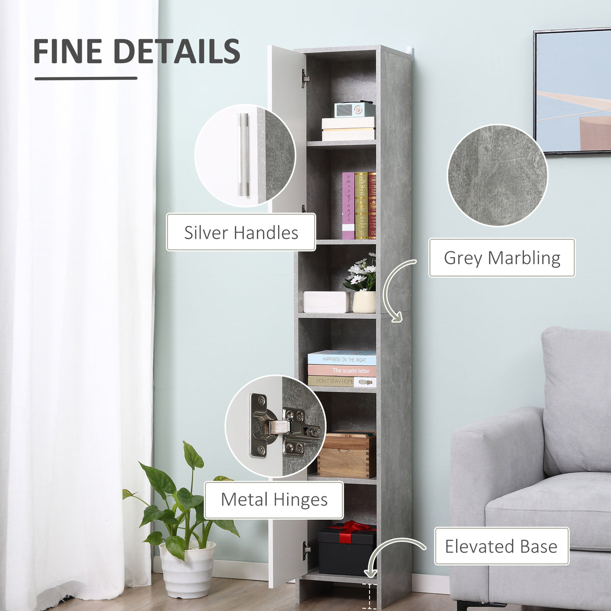 Grey bathroom storage cabinet with silver handles, metal hinges, and open shelving