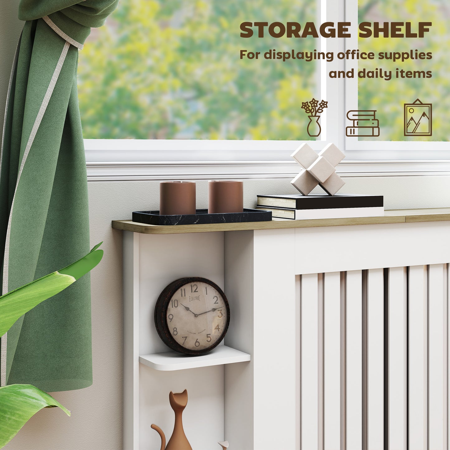 HOMCOM Radiator Cover With Open Storage Shelves Vertical Slatted Cabinet Heater Cover For Living Room Hallway White