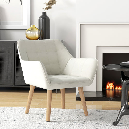 HOMCOM Accent Chair With Wide Arms And Slanted Back Thick Padding Rubber Wood Legs Cream White Living Room