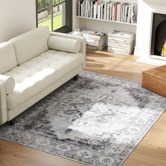 HOMCOM Vintage Area Rug Non Slip Washable Flannel Floor Carpet For Living Room And Bedroom Grey 230 X 160 Cm