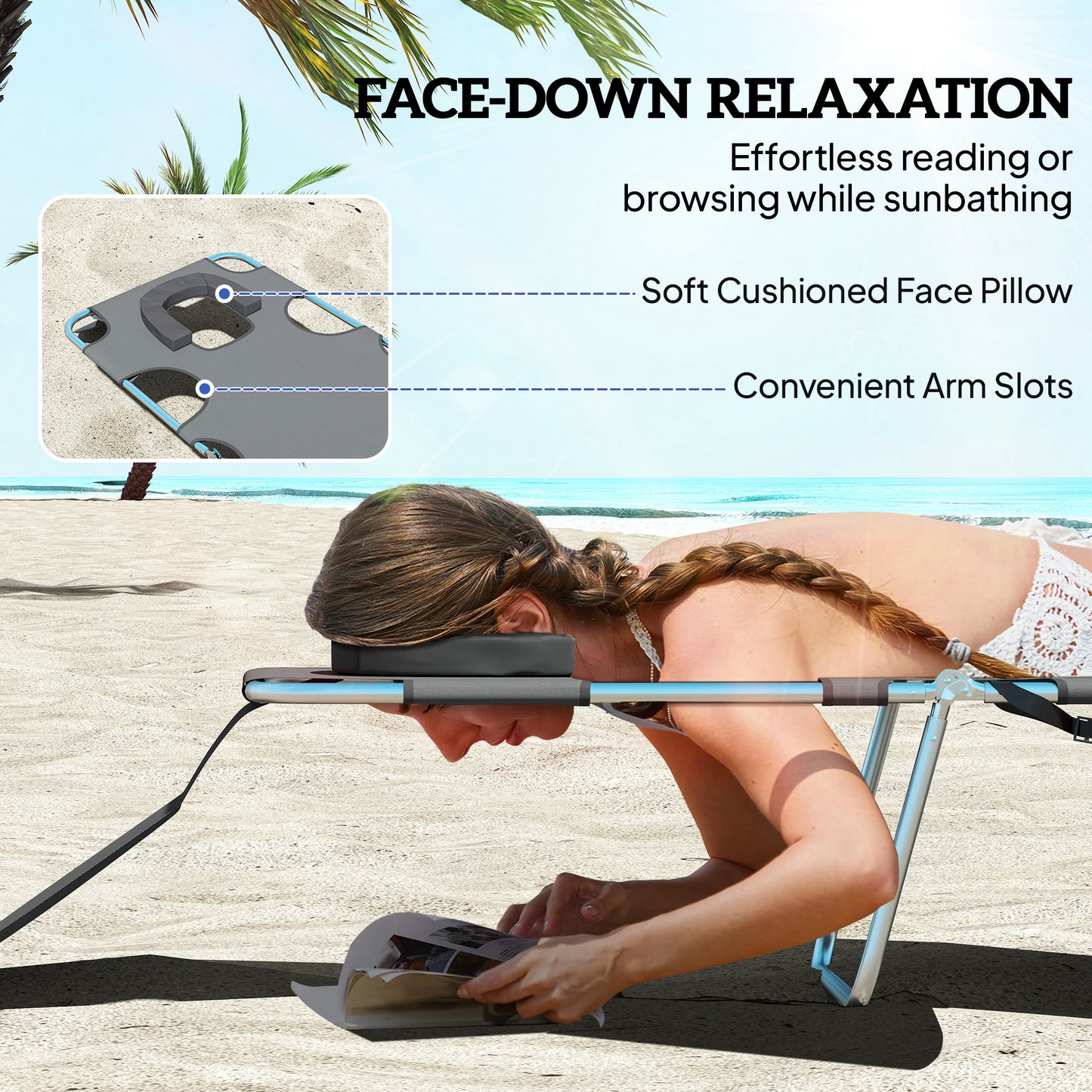 Outsunny Five Position Adjustable Sun Loungers Set Of Two With Reading Hole And Side Pocket Dark Grey