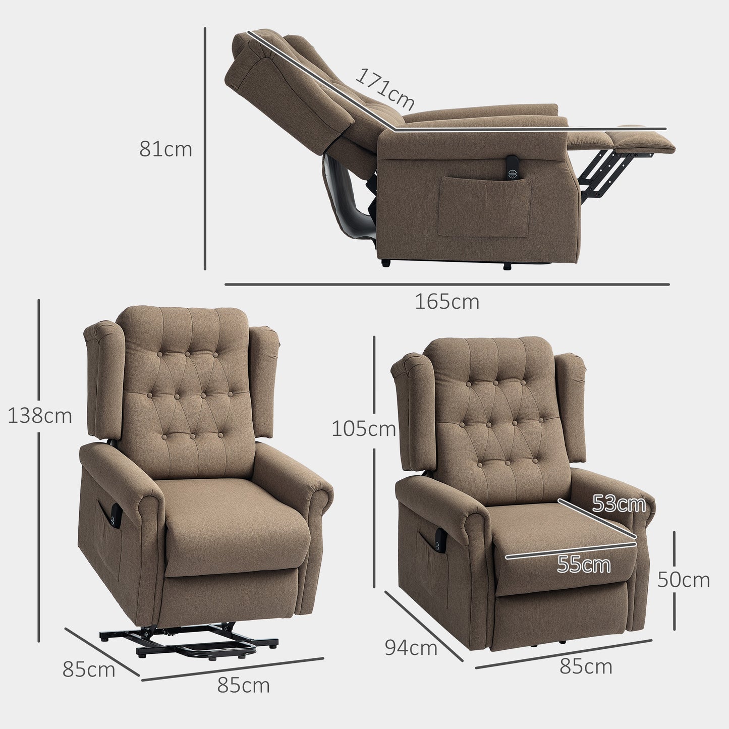 HOMCOM 45 Degree Lifting Riser Recliner Armchair In Dark Brown With 150 Degree Back Recline And Footrest