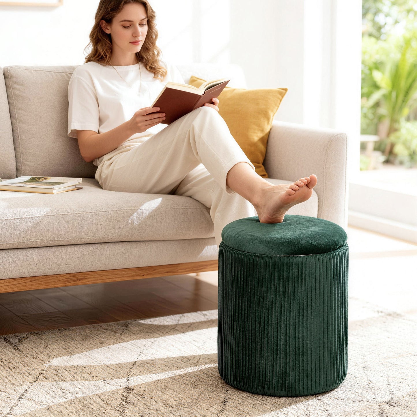 HOMCOM Velvet Round Storage Ottoman Foot Stool 45 cm Dark Green For Living Room And Bedroom With Hidden Storage