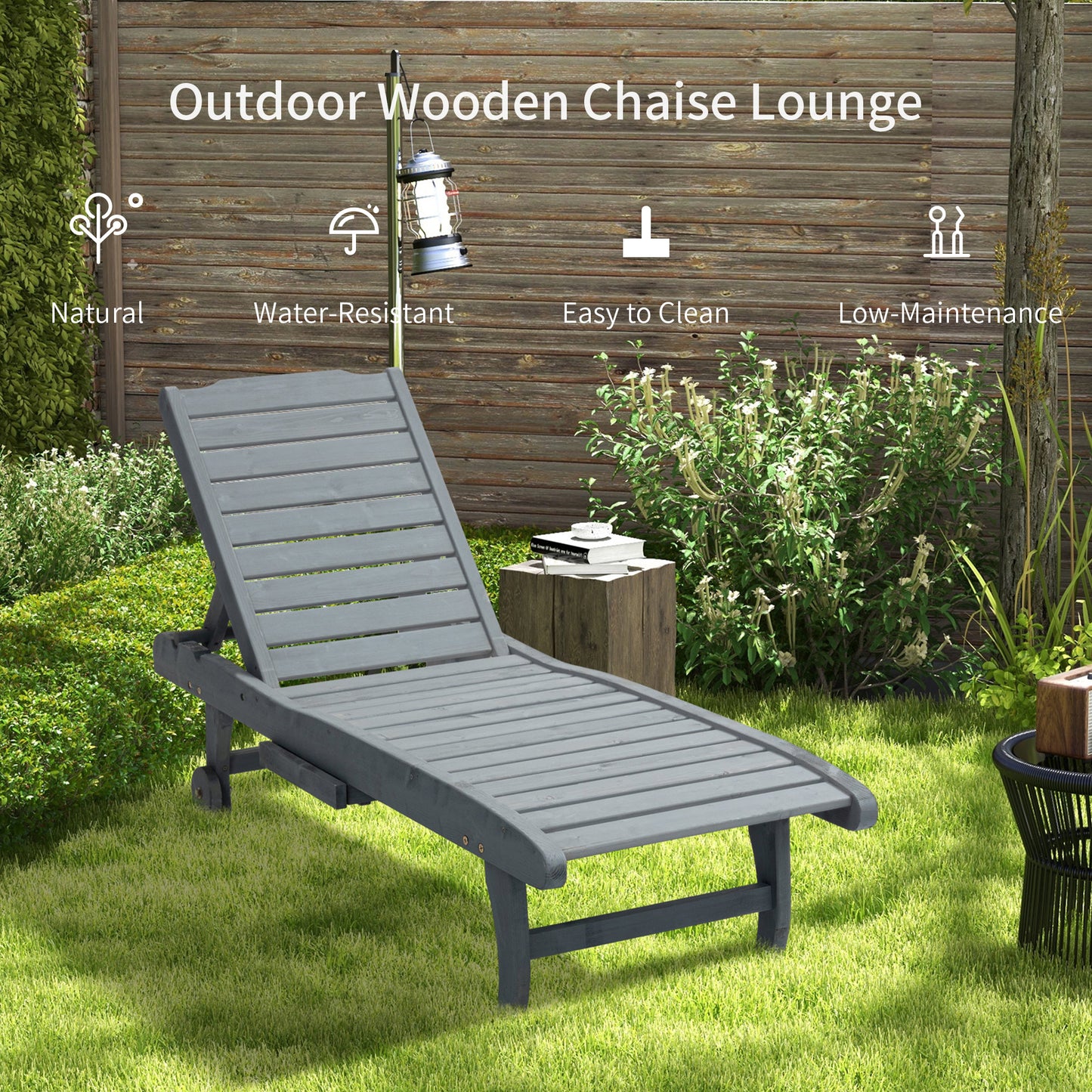 Outsunny Wooden Garden Sun Lounger With Built In Table Rolling Wheels Reclining Backrest And Side Tray Grey