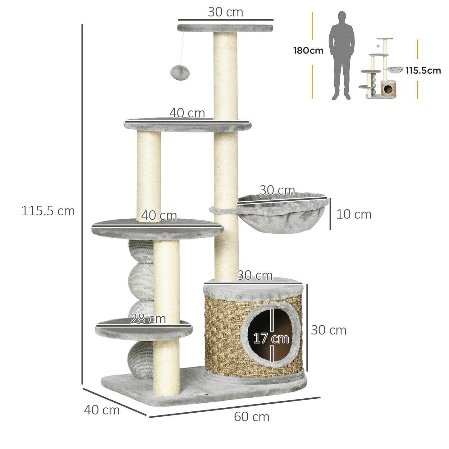 PawHut Light Grey Cat Climbing Tower with Cozy Hammock and Fluffy Condo, 115cm Activity Centre for Kittens - ALL4U RETAILER LTD