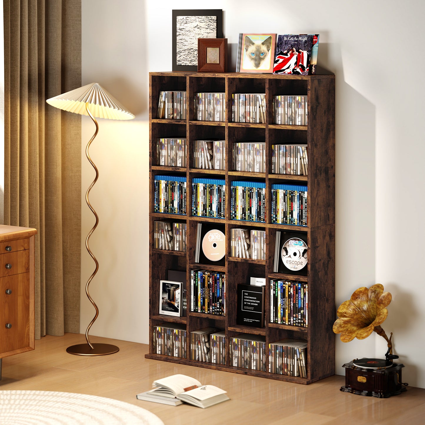 HOMCOM CD Storage Unit With Adjustable Shelves 89 x 130.5 cm Rustic Brown Media Display Furniture