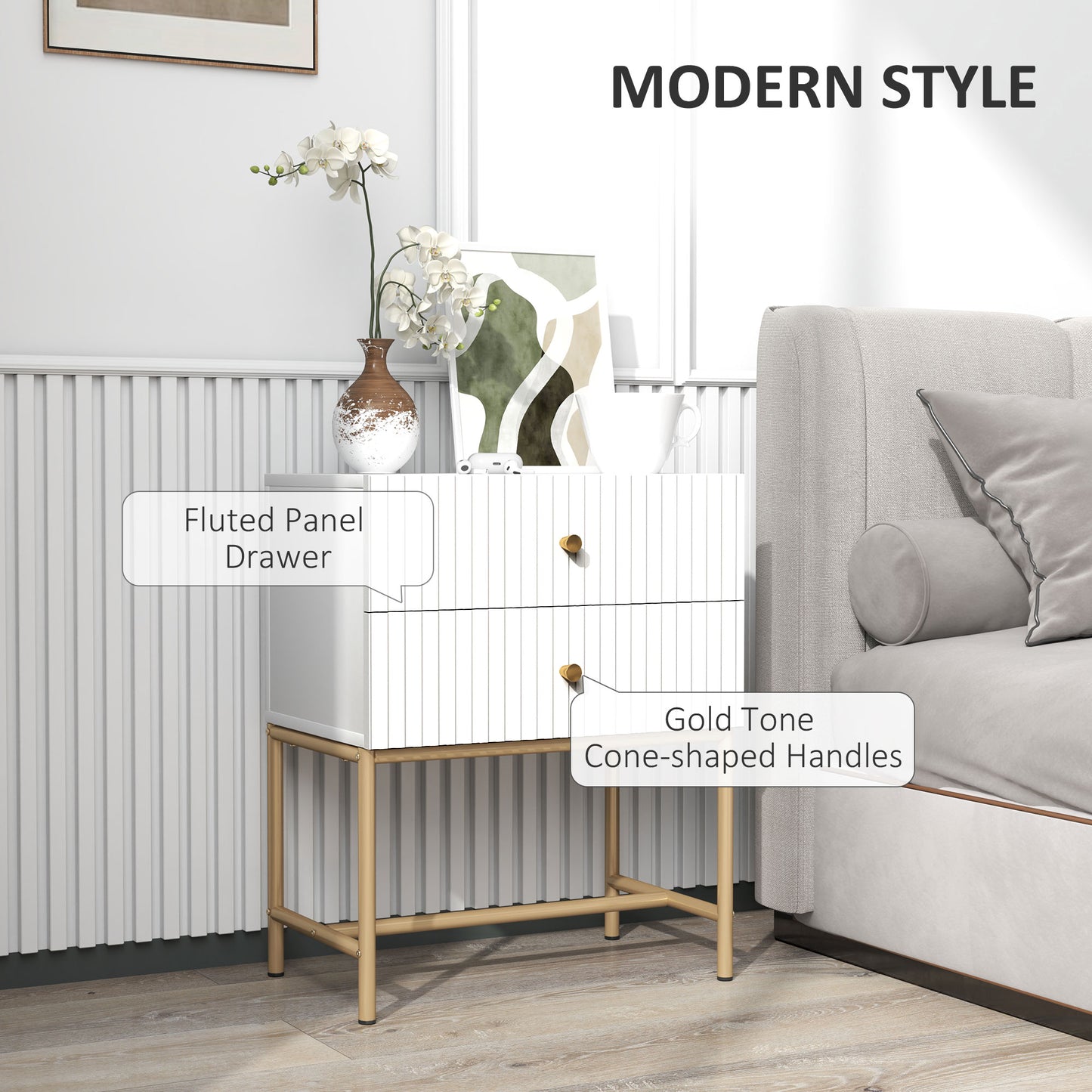 HOMCOM Elegant Two Drawer Bedside Table White With Gold Tone Handles And Metal Base