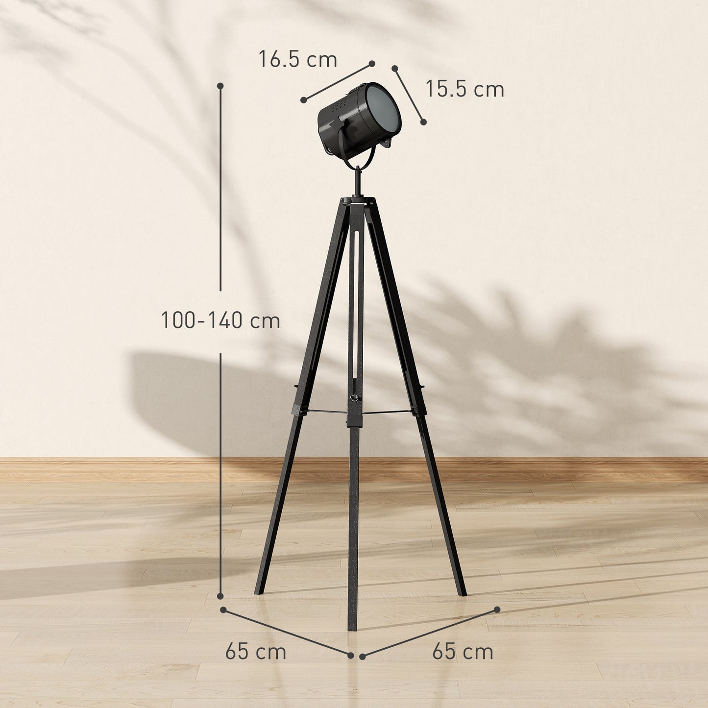 HOMCOM Industrial Tripod Floor Lamp Nautical Searchlight With Adjustable Height Wood Legs E14 Lamp Base Black
