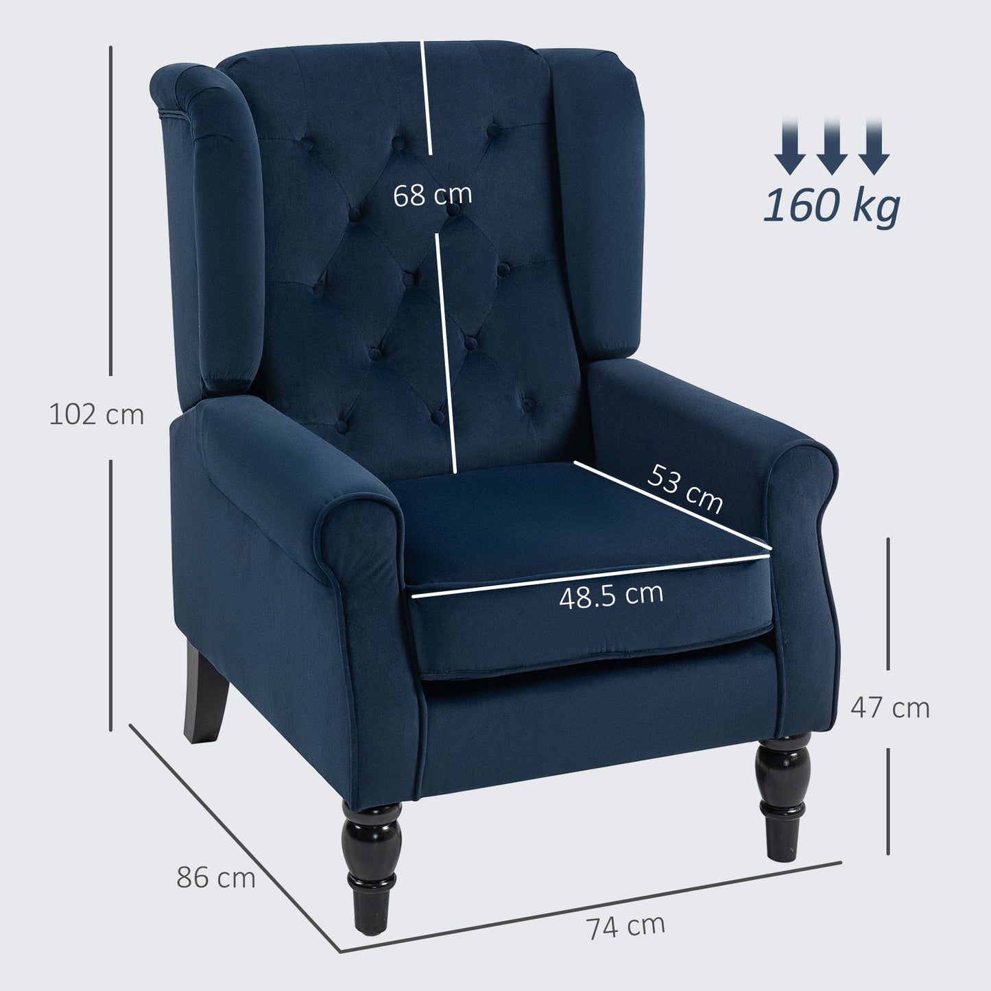 HOMCOM Wingback Accent Chair Retro Upholstered Button Tufted Occasional Chair For Living Room Bedroom Dark Blue