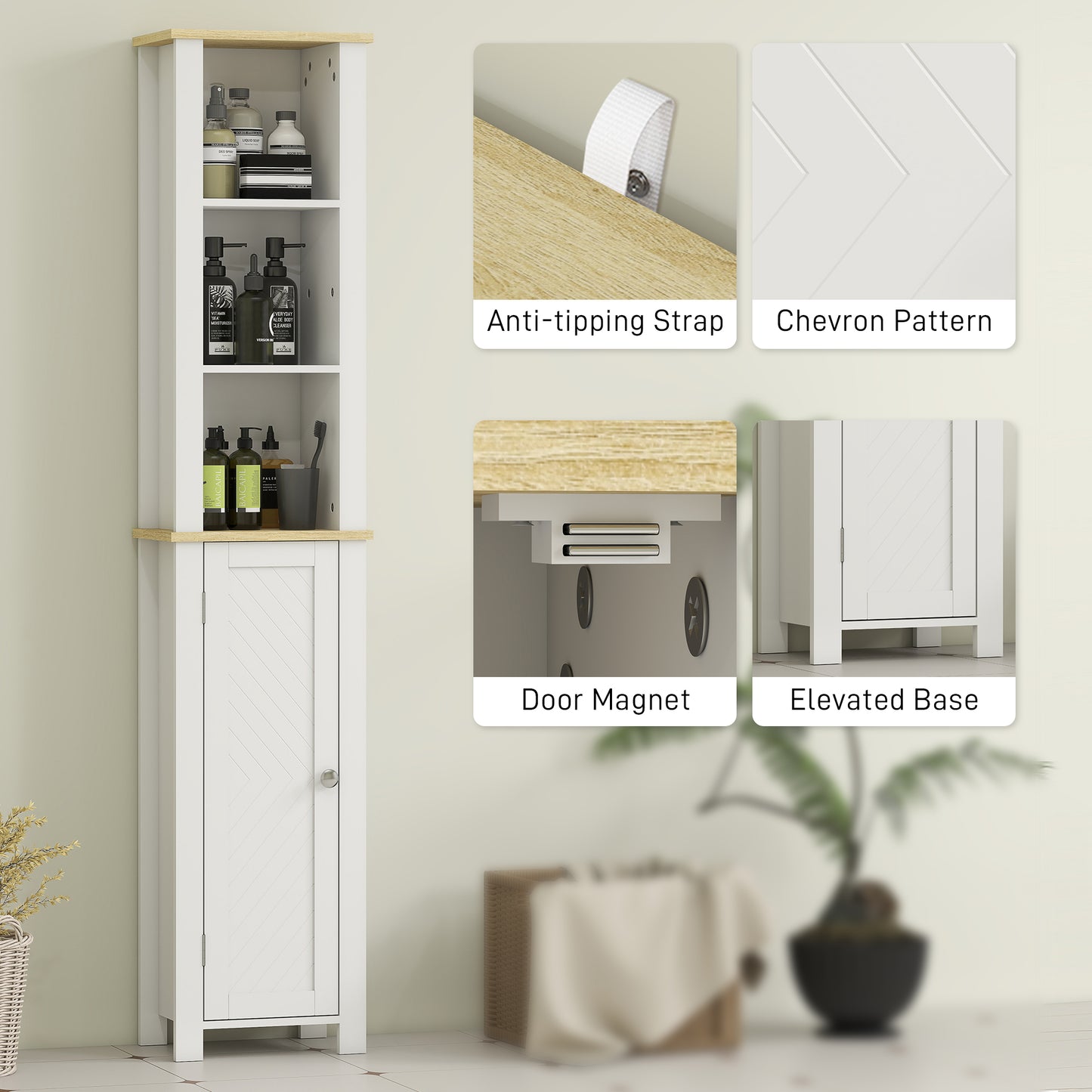 Kleankin Slim Bathroom Storage Cabinet With Three Open Compartments And Adjustable Shelves White 34 x 23 x 165 Cm
