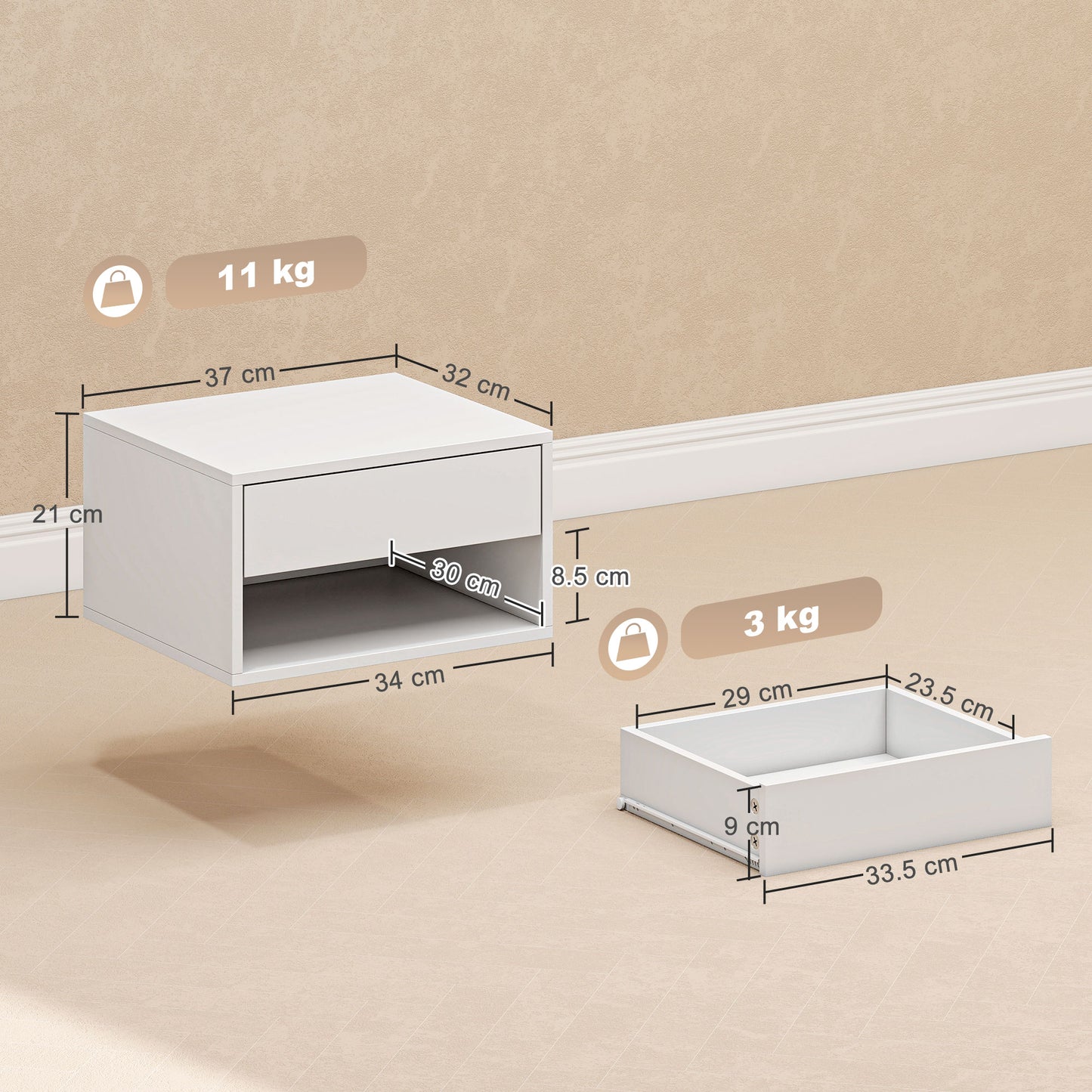 HOMCOM Floating Bedside Tables Set Of Two White With Drawer And Open Shelf Ideal For Nightstand Storage