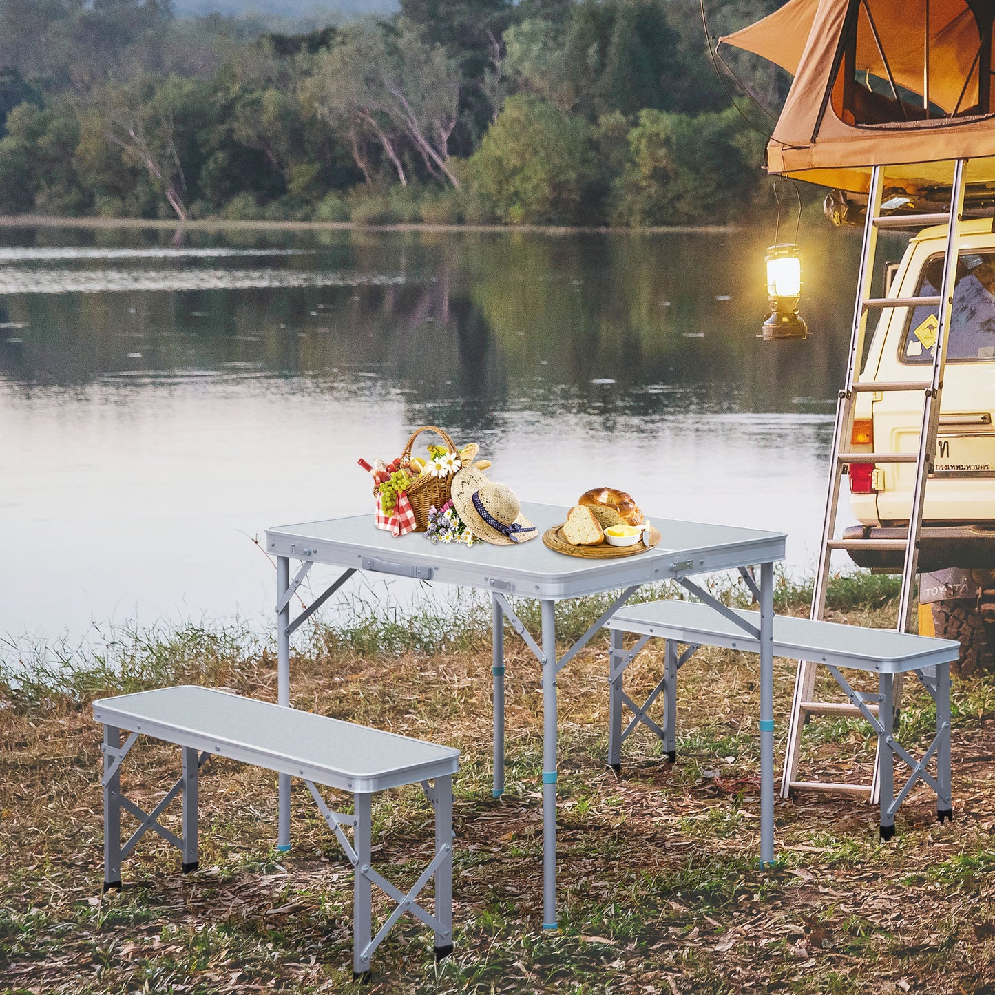 Outsunny Portable Aluminum Folding Picnic Table and Chairs Set for Camping and BBQ - ALL4U RETAILER LTD