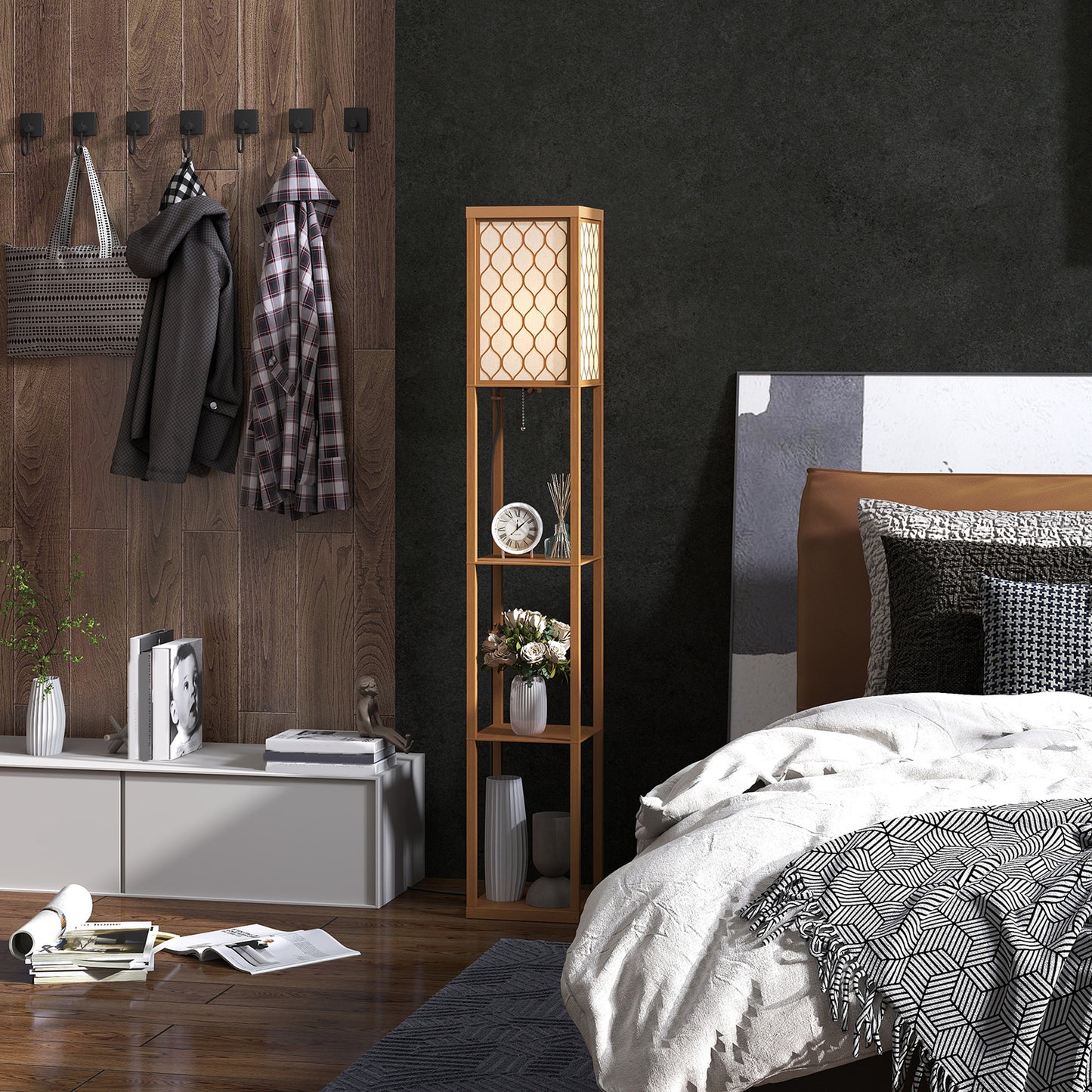 HOMCOM Three Shelf Standing Lamp Natural Wood Finish Tall Narrow Design With Overhead Reading Light And Storage
