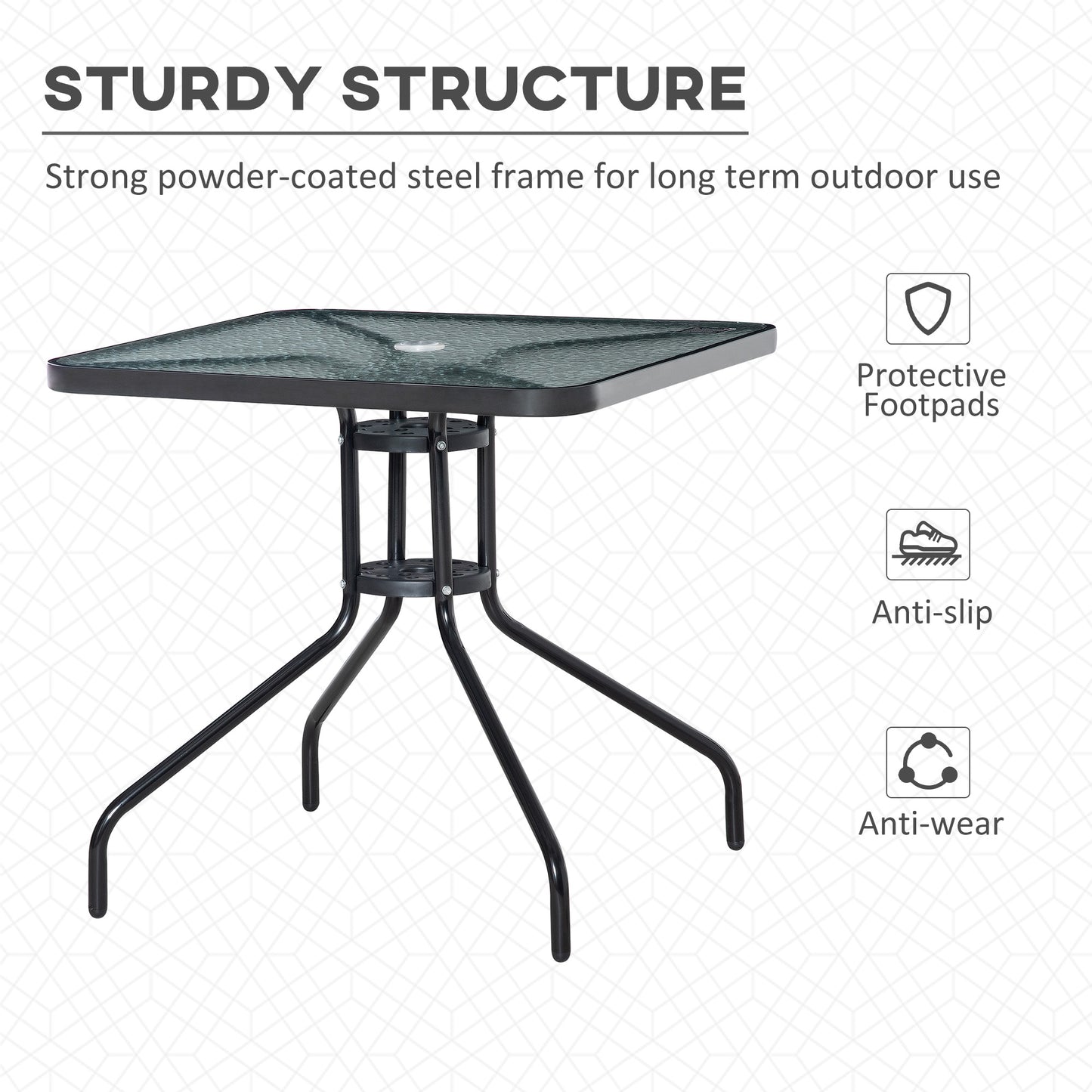 Outsunny Square Patio Table Tempered Glass Top Bistro Garden Dining Outdoor Accent Coffee Table 76 x 76cm Steel Frame Umbrella Hole - ALL4U RETAILER LTD