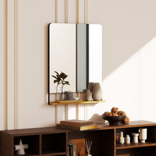 Homcom Wall Mirror With Wood Shelf Black Metal Frame Industrial Entryway Decor Solution