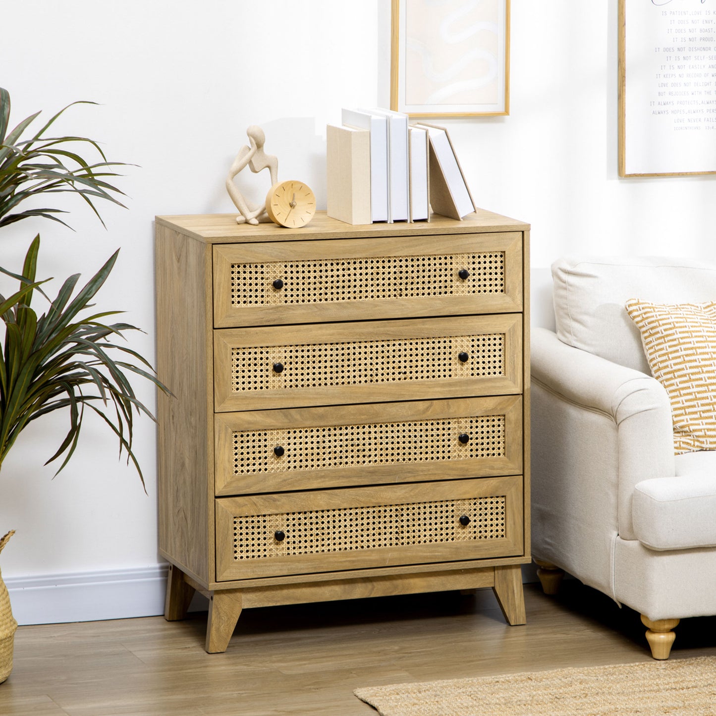 HOMCOM Chest Of Drawers With Four Rattan Drawers And Bedside Table With Door Natural Finish