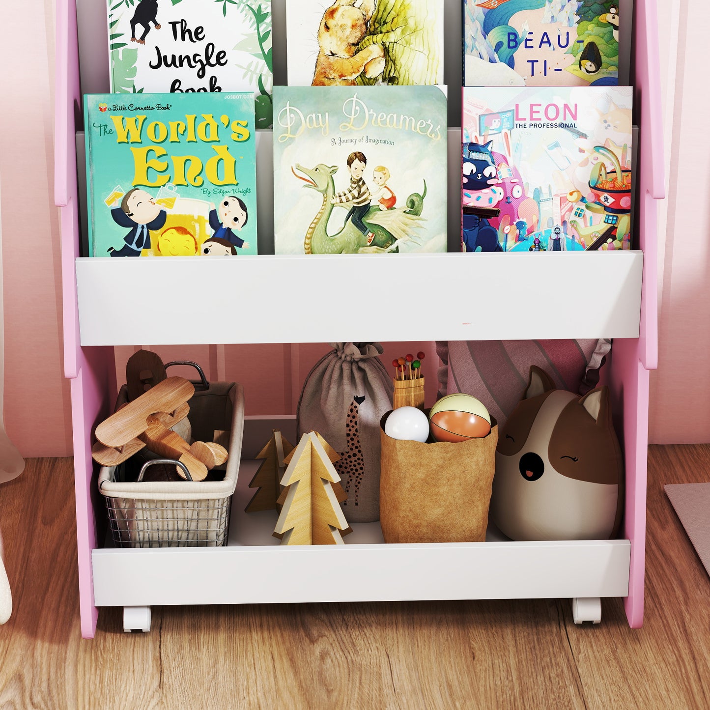 AIYAPLAY Double Sided Kids Bookcase With Toy Storage On Wheels 3 Tier Pink Bedroom Organizer