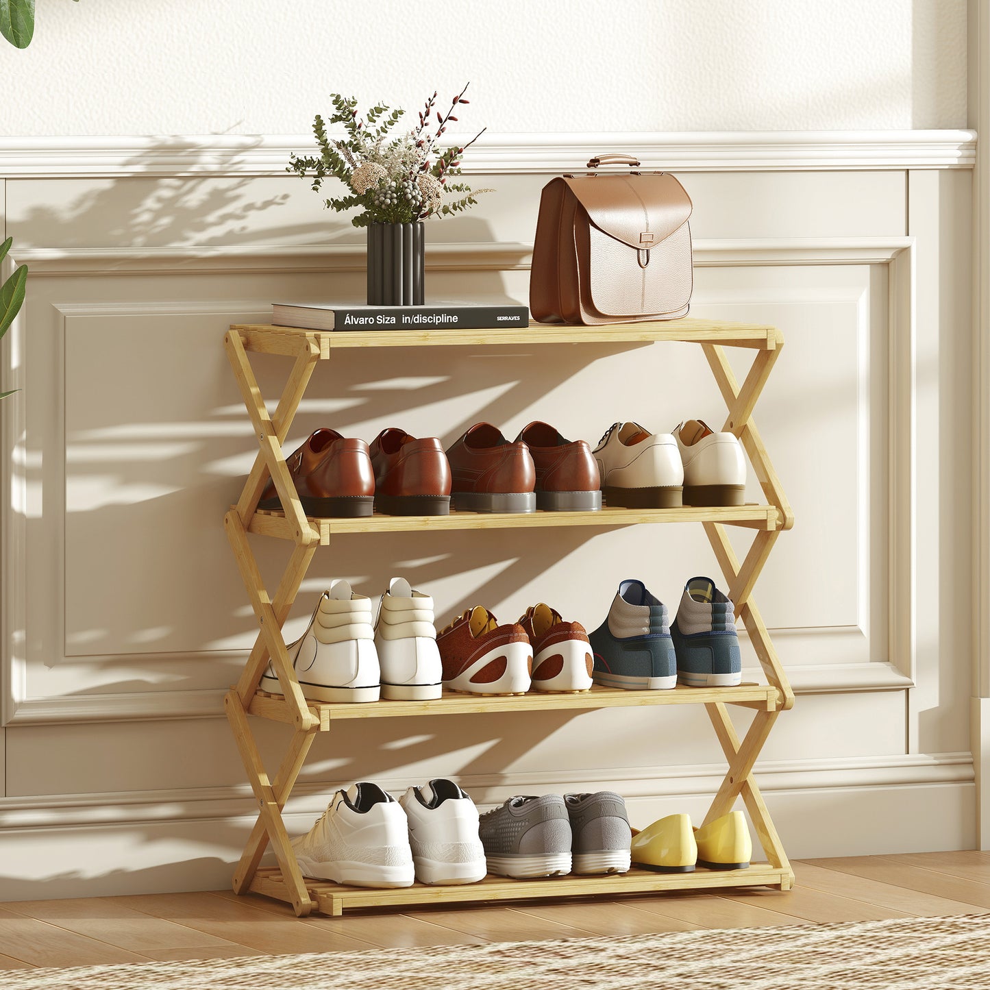HOMCOM Four Tier Folding Bamboo Shoe Rack Natural Finish Space Saving Organizer for Boots and Shoes