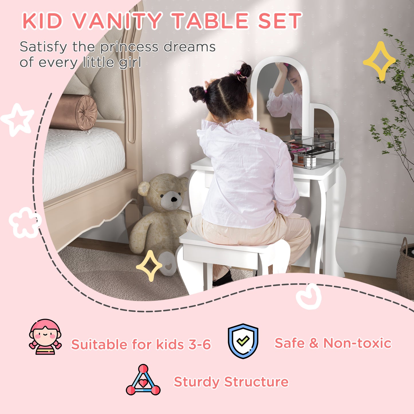 HOMCOM Kids Dressing Table Set With Mirror And Drawer White Vanity Desk for Girls