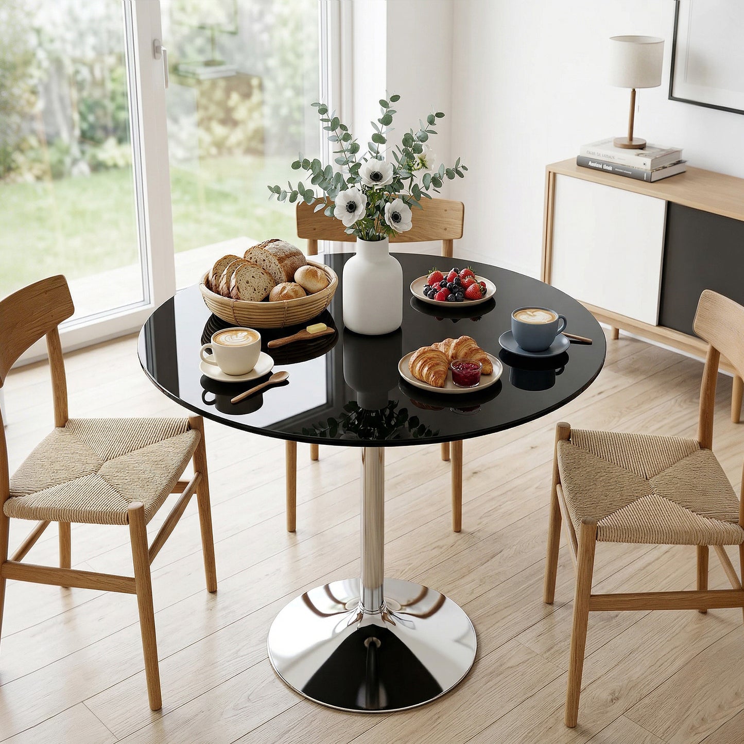 HOMCOM Round Bar Table Modern Dining Table With Tempered Glass Top And Steel Frame For Four 80 x 80 x 77 cm Black