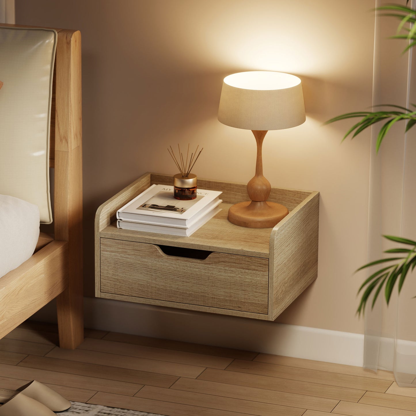HOMCOM Floating Nightstands Set Of 2 Wall Mounted Bedside Tables With Drawer And Shelf Natural Wood