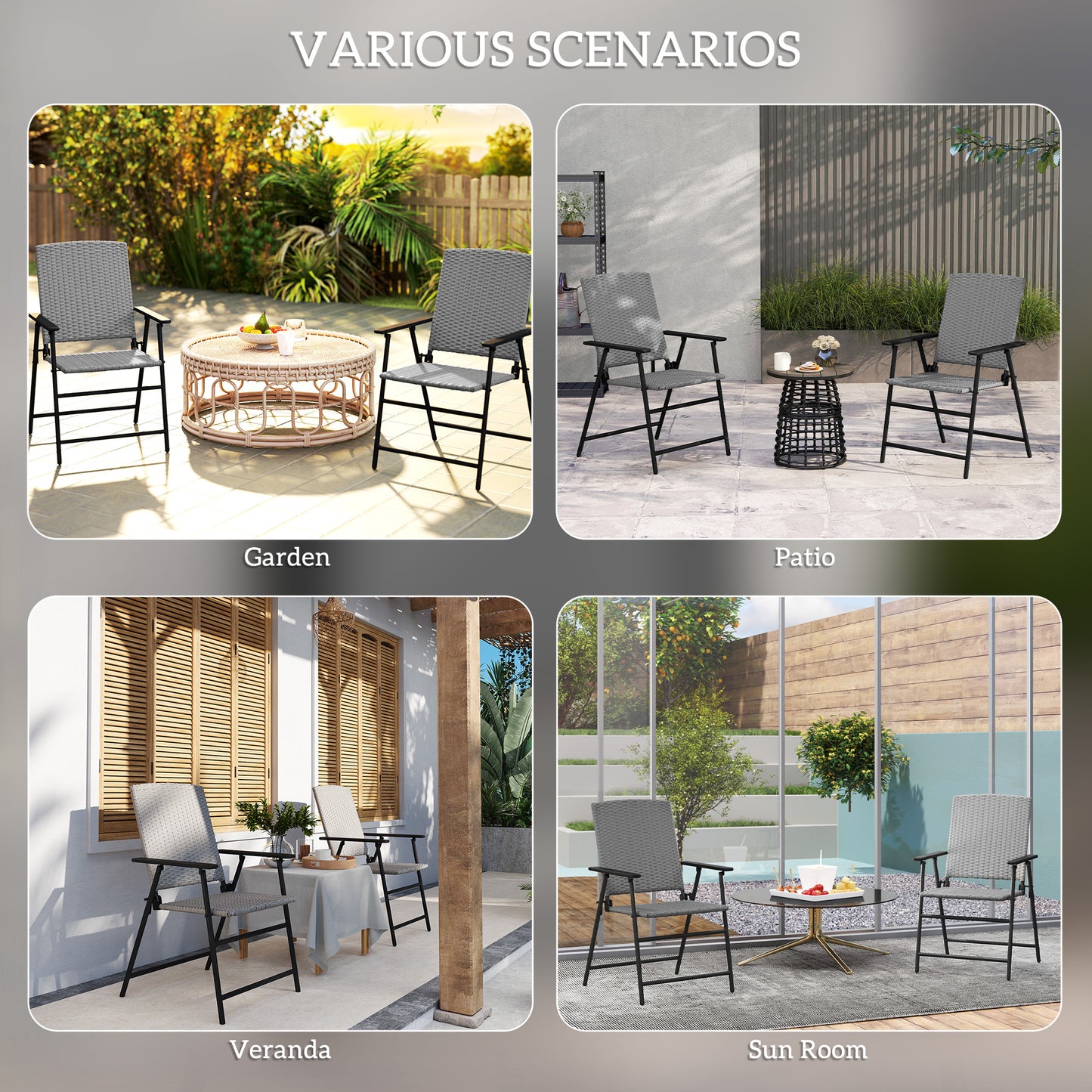 Outsunny Folding Rattan Chairs Set Of Two Outdoor Grey Weather Resistant Steel Frame Patio Seating