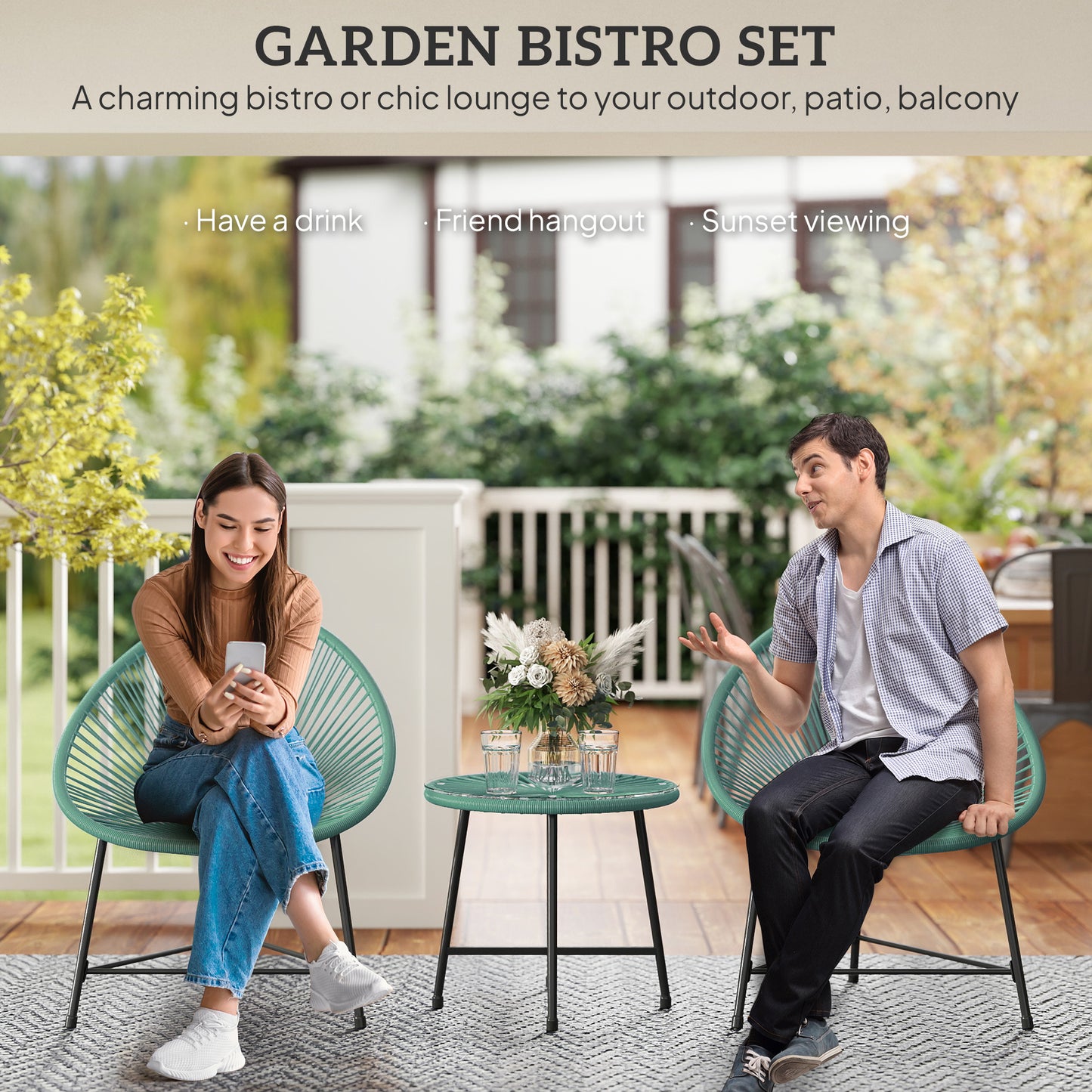 Outsunny Rattan Bistro Set with Acapulco Chairs and Glass Table in Green for Outdoor Patio Garden