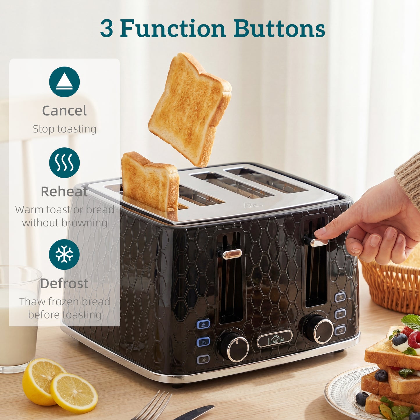 HOMCOM Kettle And Toaster Set 1.7L 3000W Rapid Kettle With Strix Thermostat 4 Slice Toaster 7 Browning Controls Black