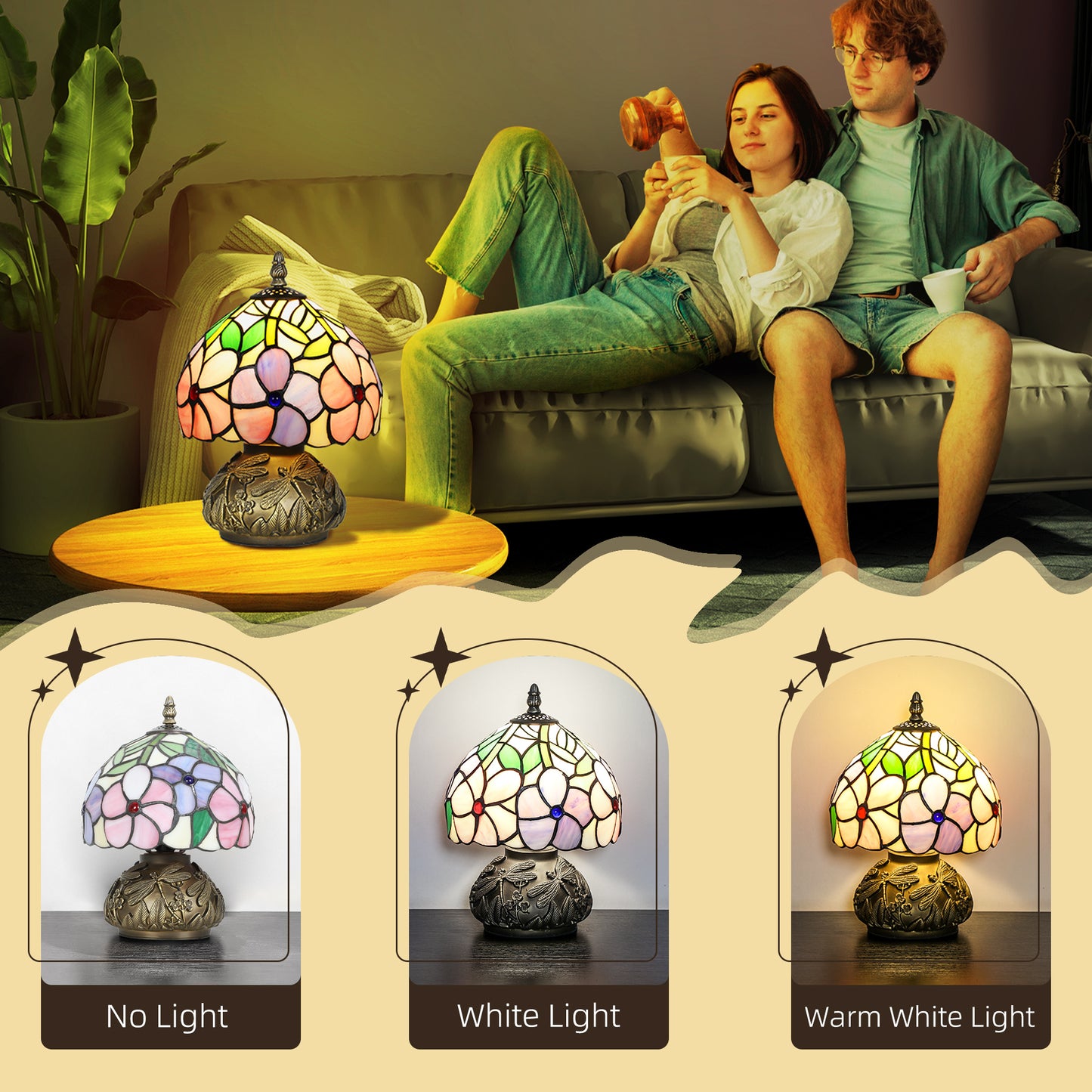 HOMCOM Tiffany Style Table Lamp With Dragonfly Base Stained Glass Pink For Living Room And Bedroom E27 Socket