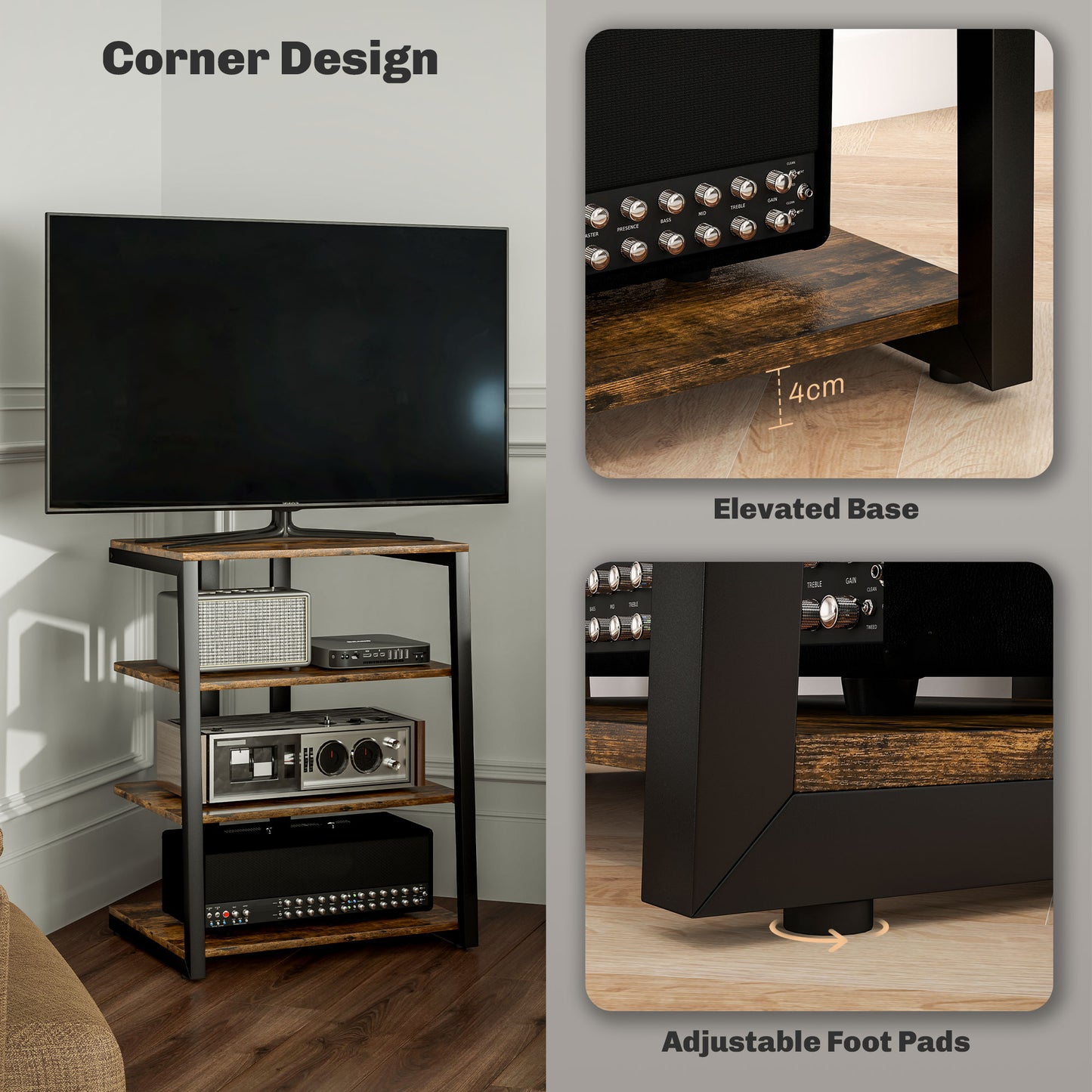 HOMCOM HiFi Stand With Four Adjustable Storage Shelves Rustic Brown Finish Sturdy Steel Frame for Audio Video Equipment