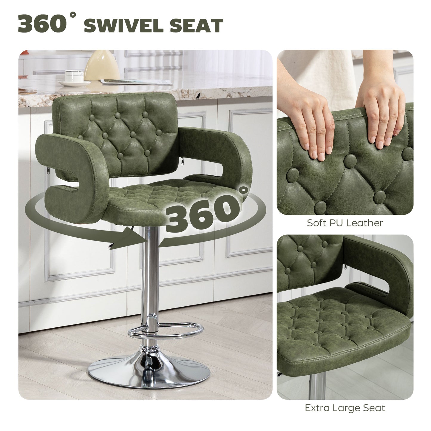 HOMCOM PU Leather Upholstered Swivel Bar Stool With Backrest Armrests Footrest Height Adjustable Green