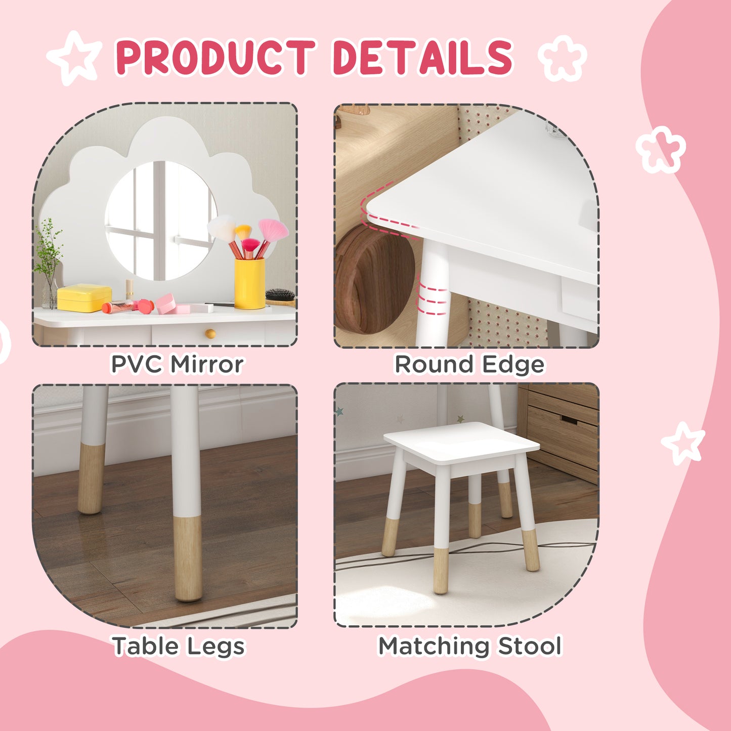 AIYAPLAY Kids Dressing Table Set With Mirror And Stool Drawer Cloud Design White