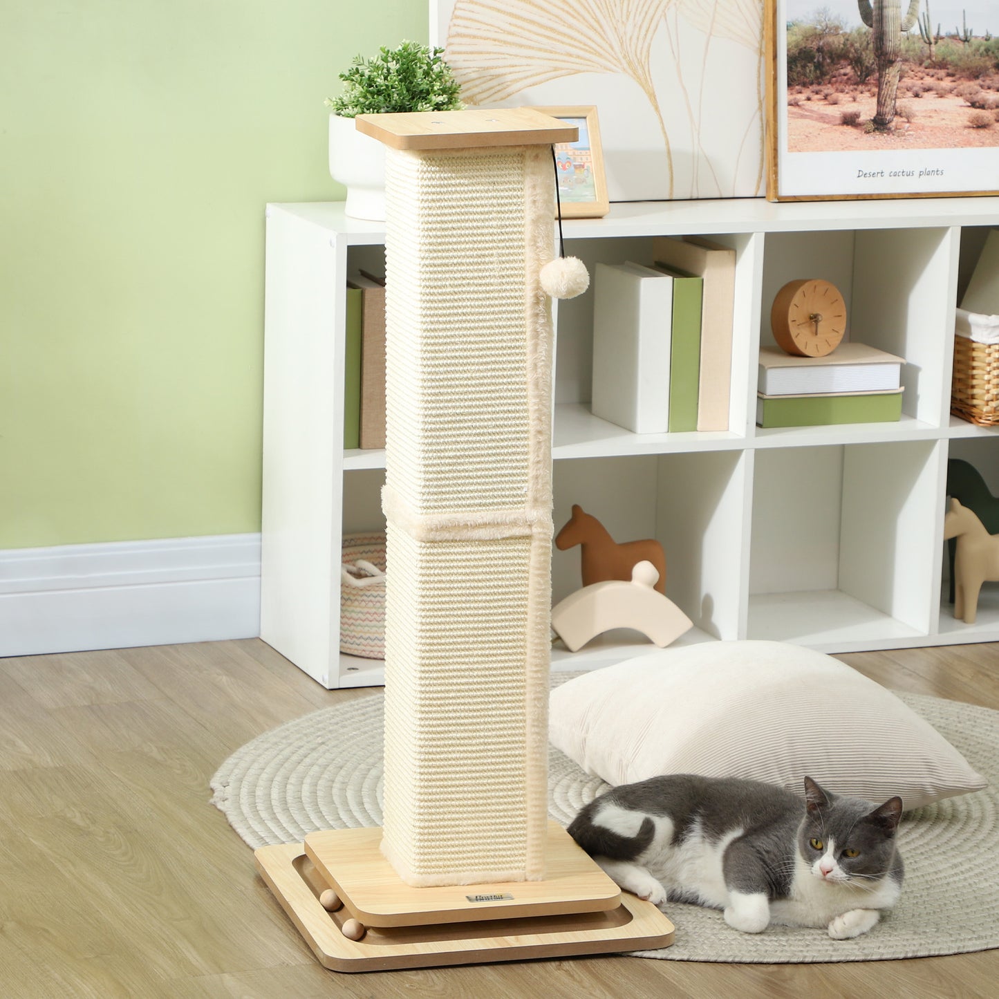 PawHut 3-in-1 Cat Scratching Post with Track Ball Toy - 87cm Oak Design