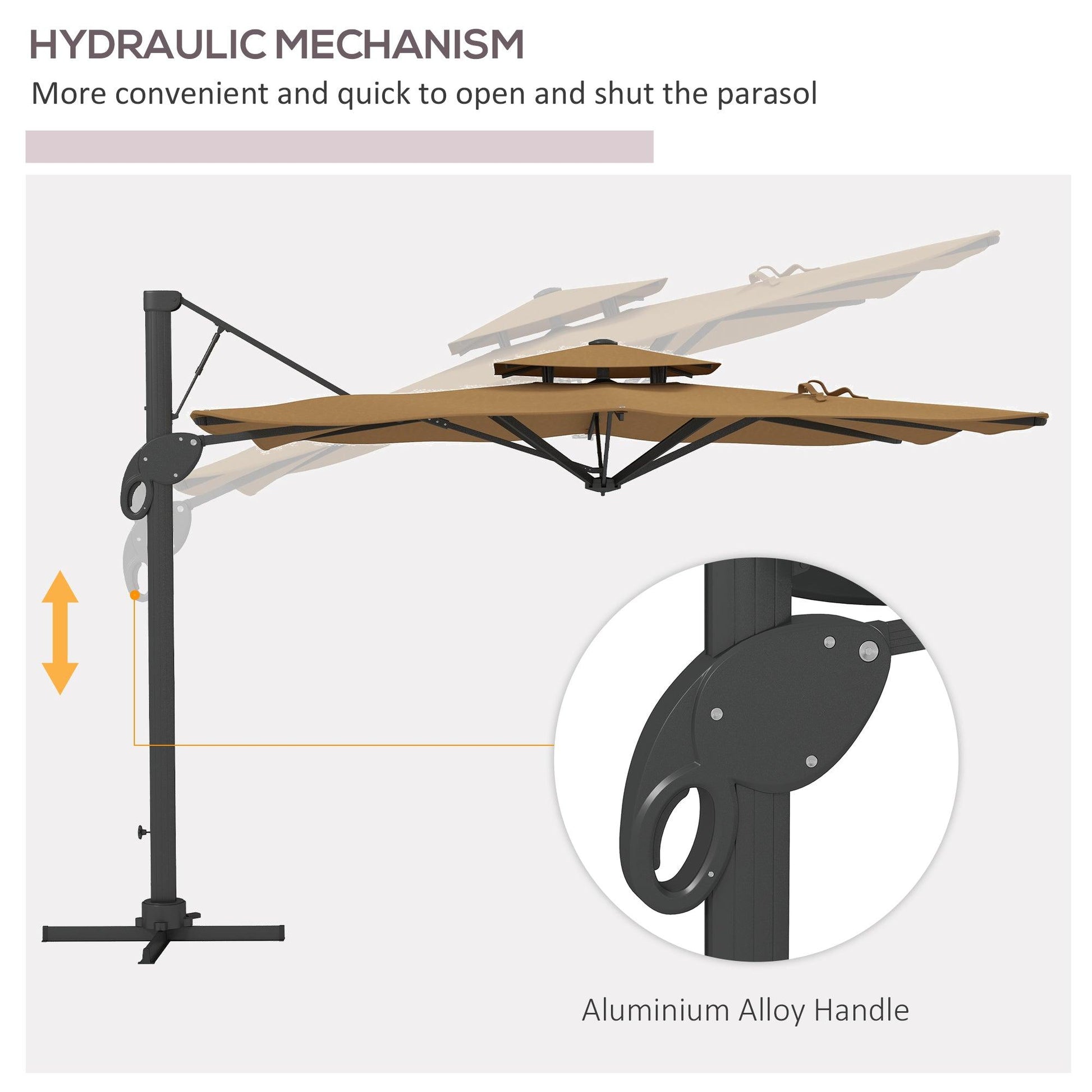 Outsunny Garden Parasol, 3(m) Cantilever Parasol with Hydraulic Mechanism, Dual Vented Top, 8 Ribs, Cross Base, Khaki - ALL4U RETAILER LTD