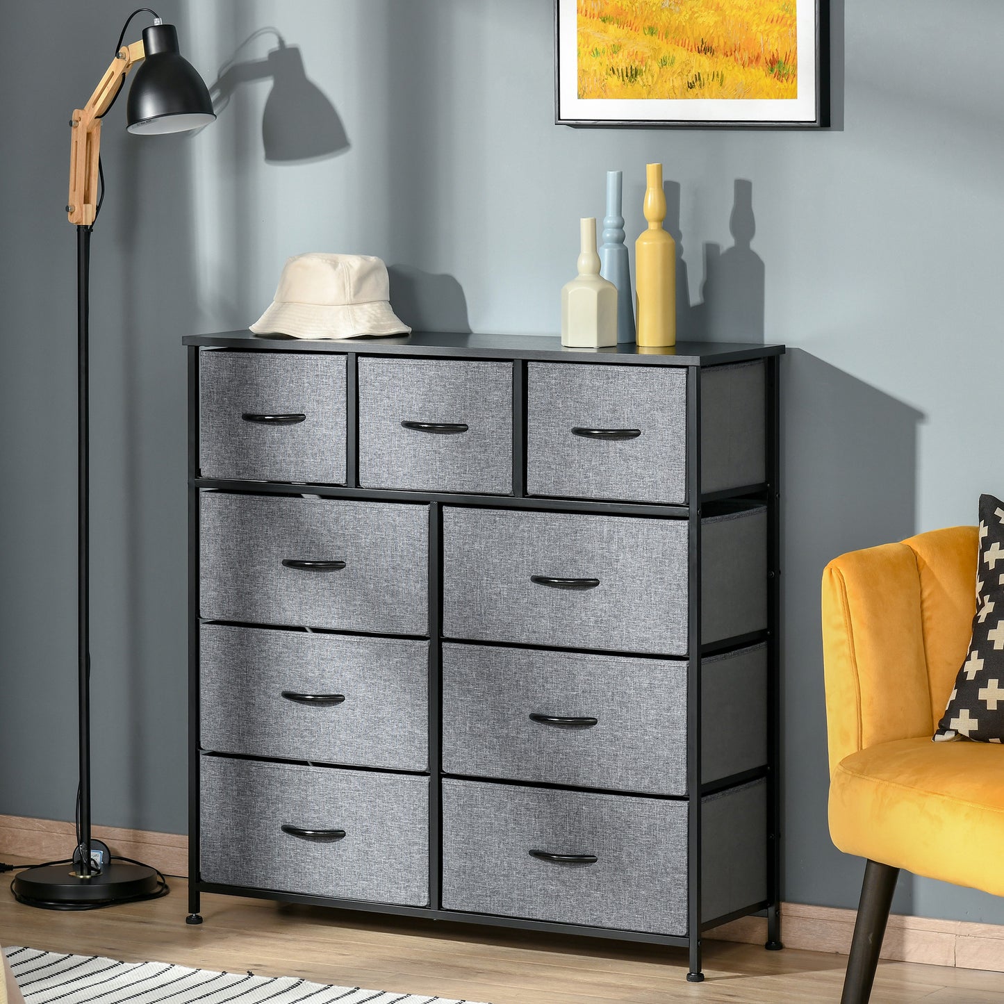 HOMCOM 9-Drawer Fabric Storage Chest with Easy-Pull Bins for Bedroom and Entryway - Black & Grey - ALL4U RETAILER LTD