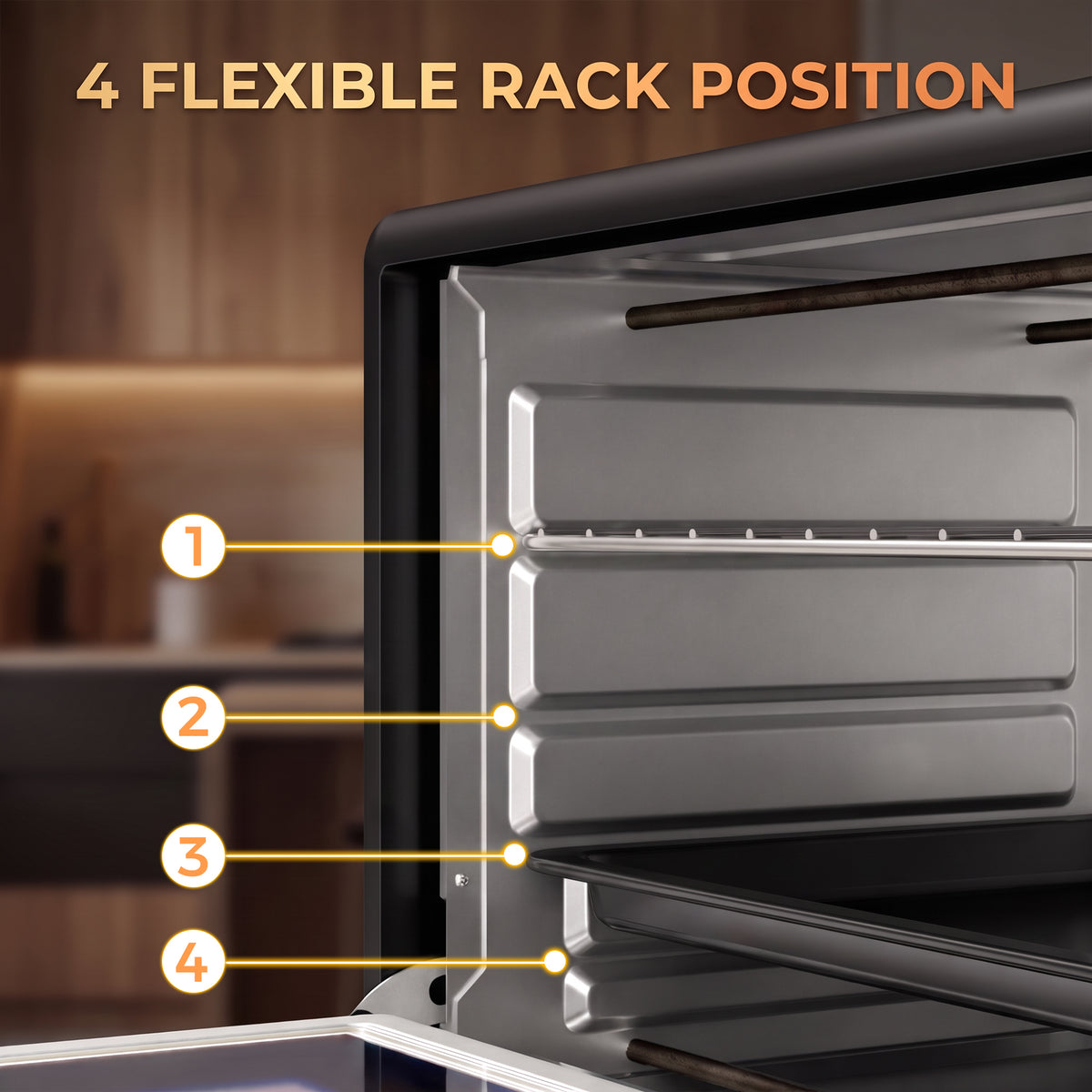Black mini oven with adjustable rack rail positions for flexible cooking height
