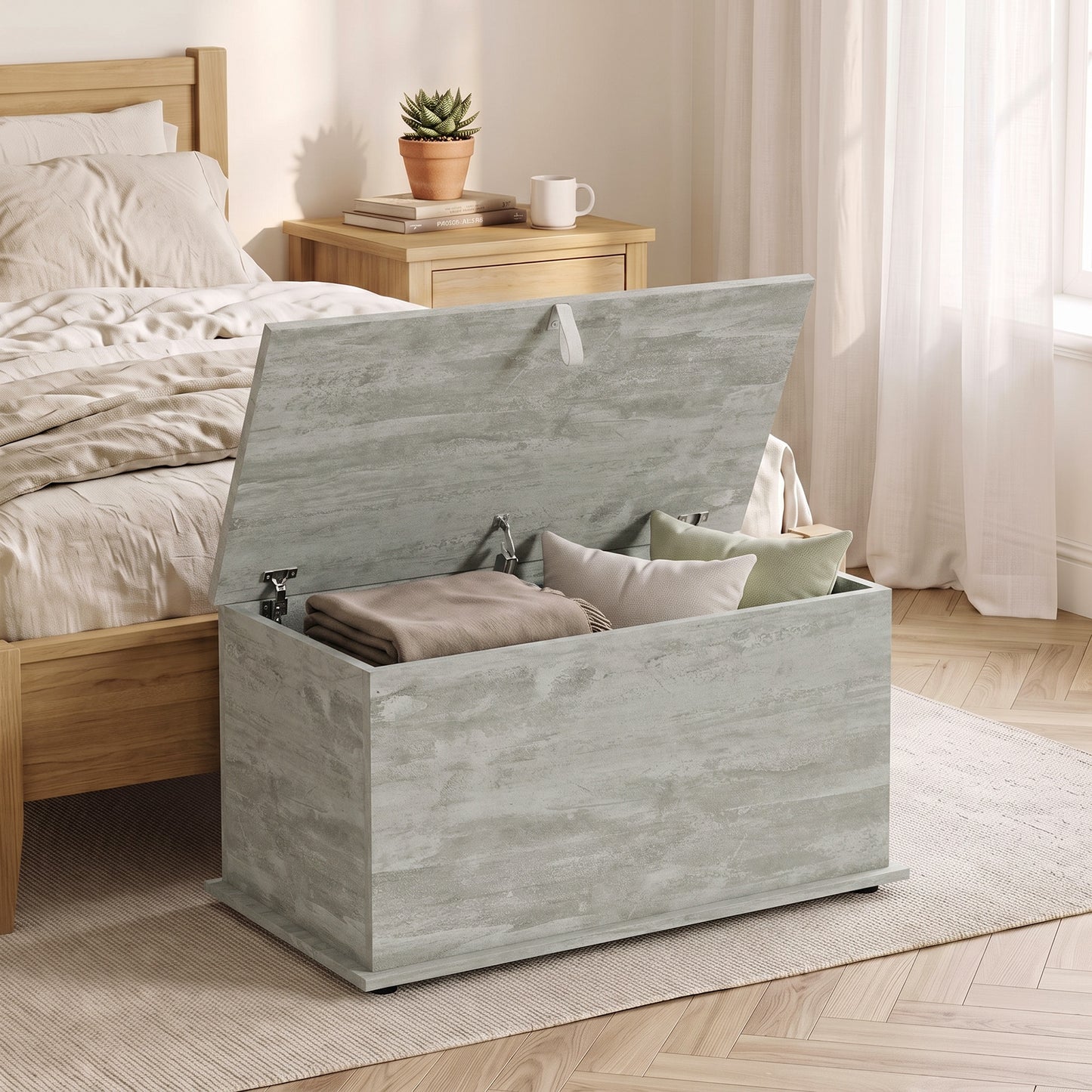 Grey HOMCOM 102L Wooden Storage Bench With Safety Hinged Lid