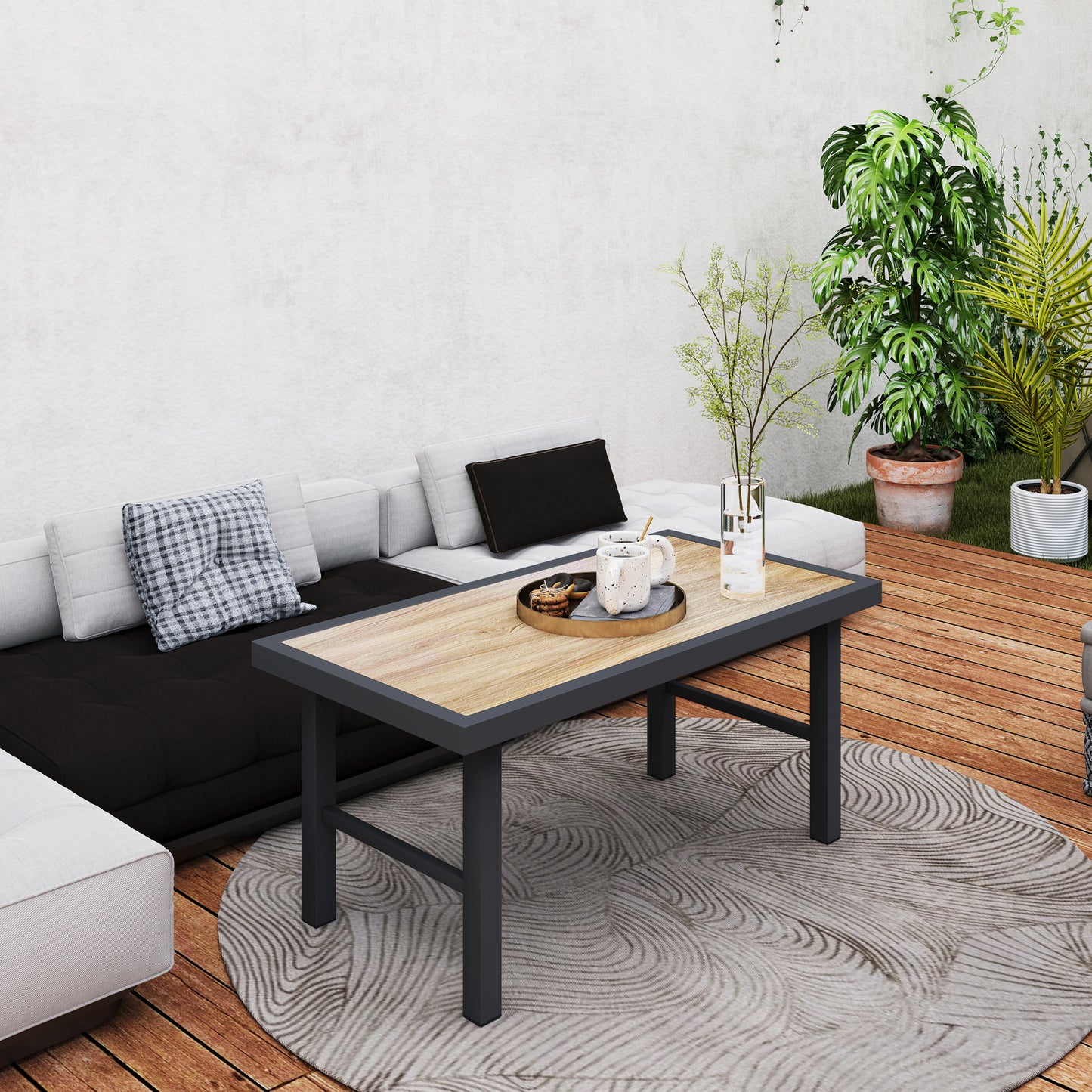 Outsunny Metal Garden Coffee Table With SPC Woodgrain Tabletop Outdoor Side Table 100 x 53 x 46 cm Brown