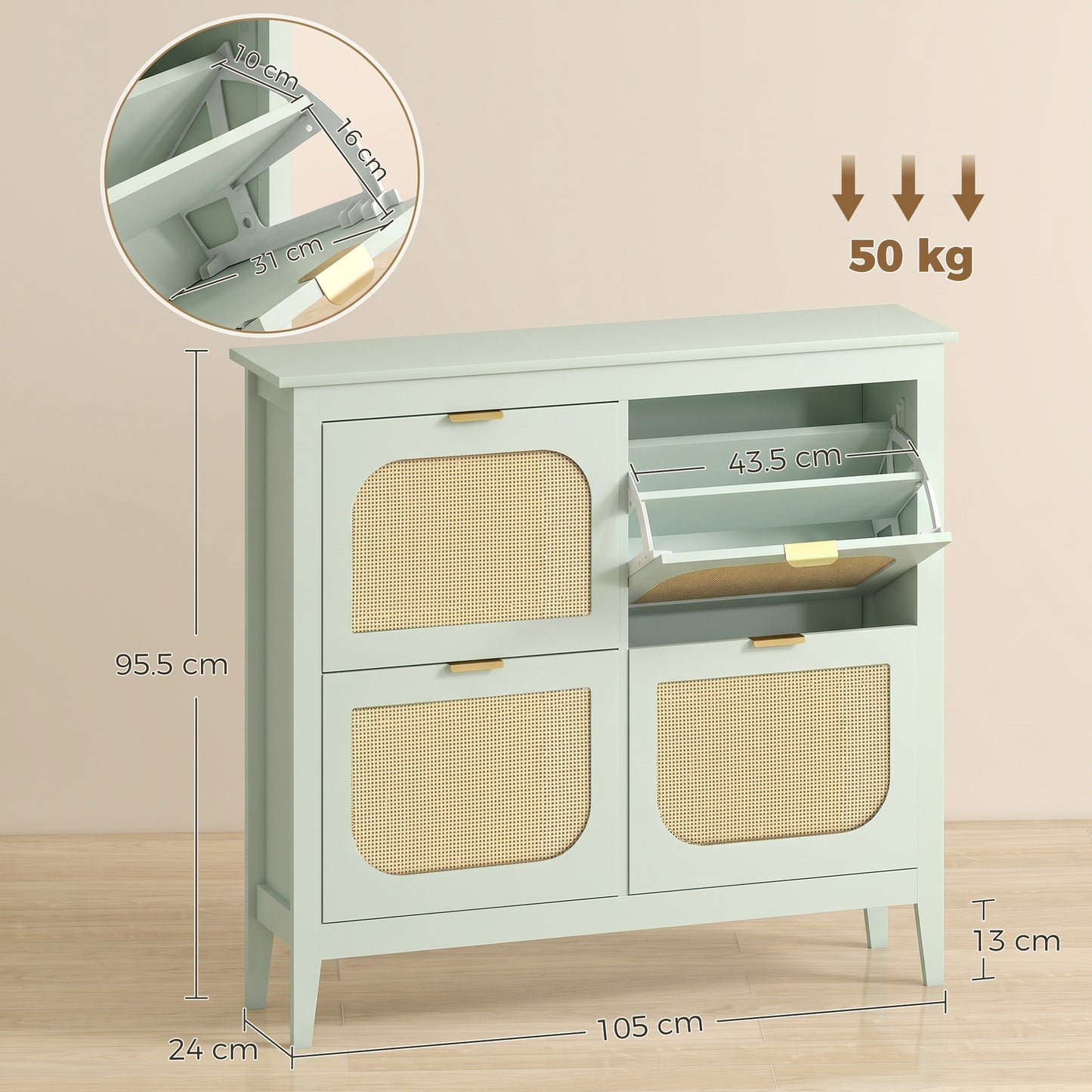 HOMCOM Narrow Boho Slim Shoe Cabinet With 4 Flip Drawers Holds 20 Pairs Light Green Entryway Organizer